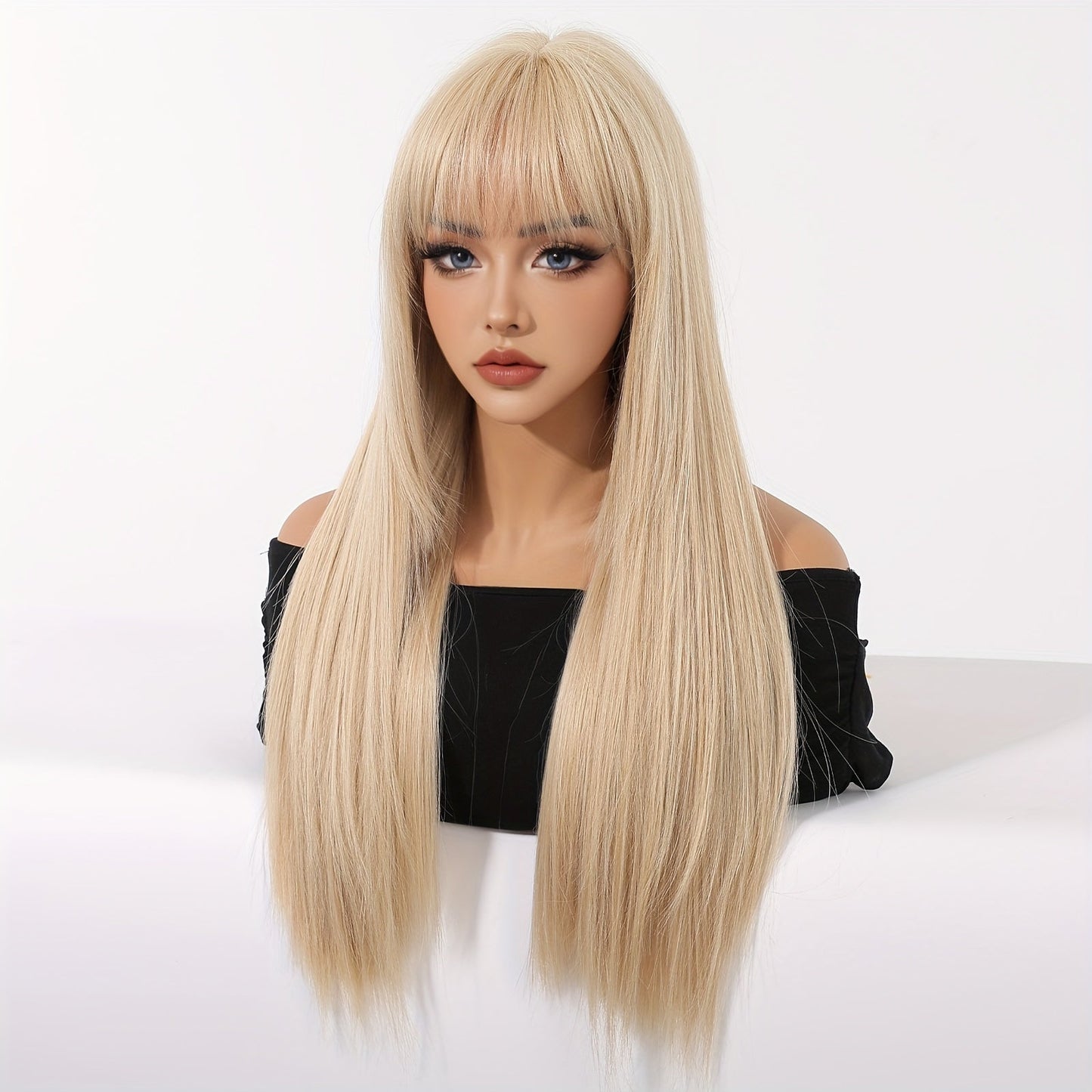 Chic 26" Light Golden Princess Cut Wig with Bangs - Soft Synthetic, Heat Resistant for Daily Wear, Parties, Halloween & Cosplay