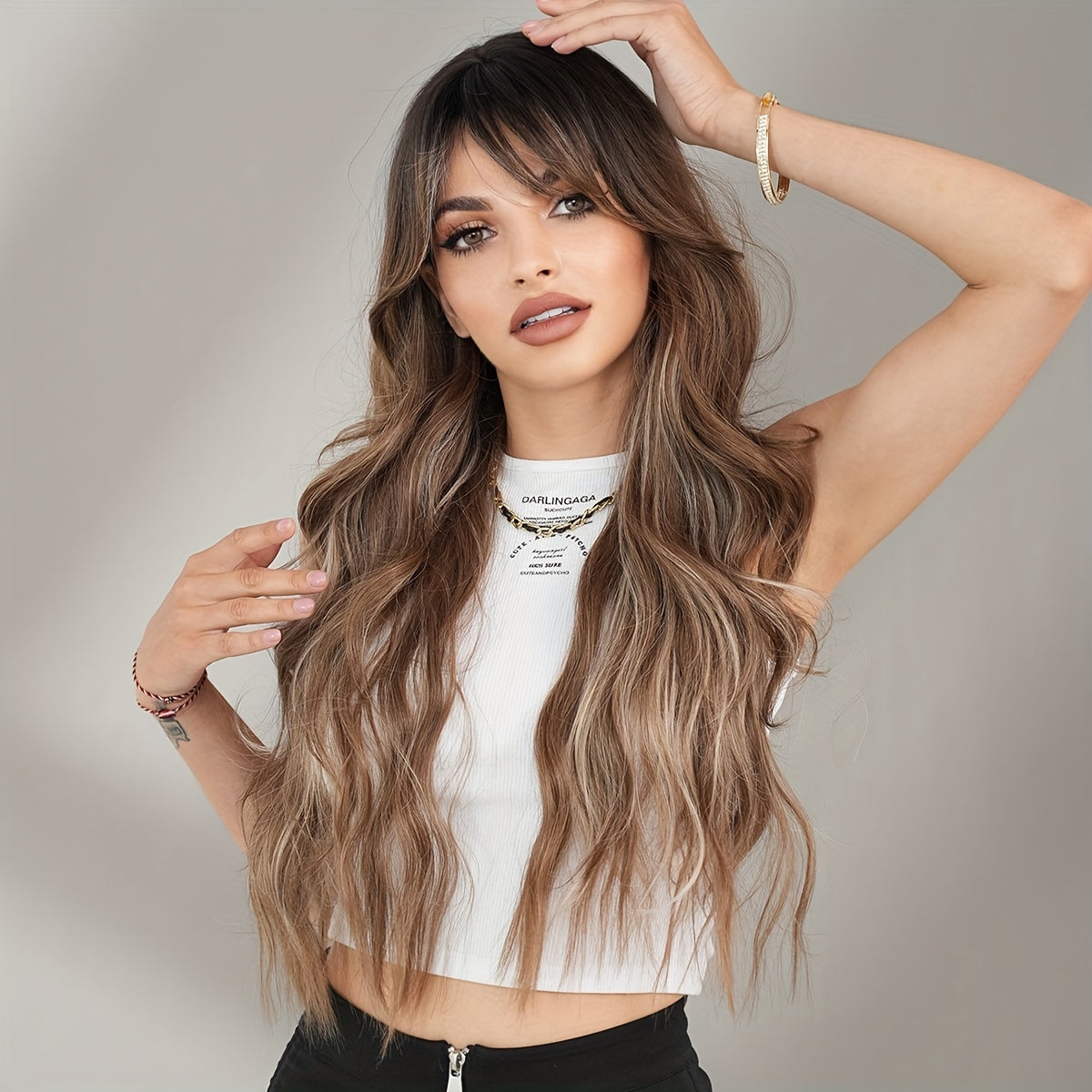 Elegant Body Wave Synthetic Wig for Women, Heat Resistant High Density 150% with Bangs, Long Loose Side Part, Beige Highlighted, Rose Net Cap, 27.55Inches