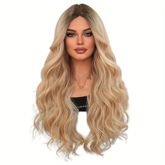 Women'S Body Wave Synthetic Wig, 27.55" High Density Middle Part with Curtain Bangs, Heat Resistant, Vacation Style, Rose Net Cap, 150% Density, Dark Roots, Long Loose Wavy Wig