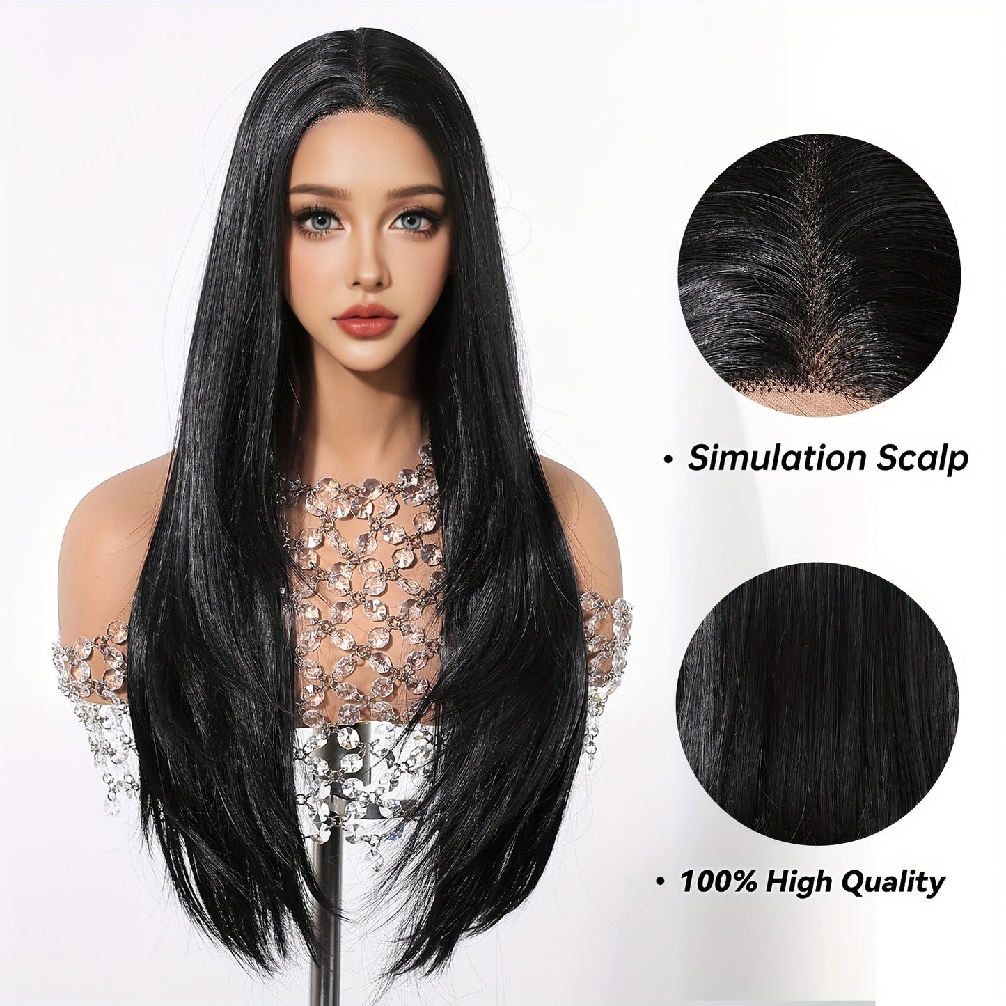 Women's Basic Style 26-Inch Black Lace Front Wig, Straight Layered Heat-Resistant Fiber, 150% Density, 13*5*1 Inch Lace, Versatile Synthetic Wig for Daily Wear, Parties, Cosplay Events