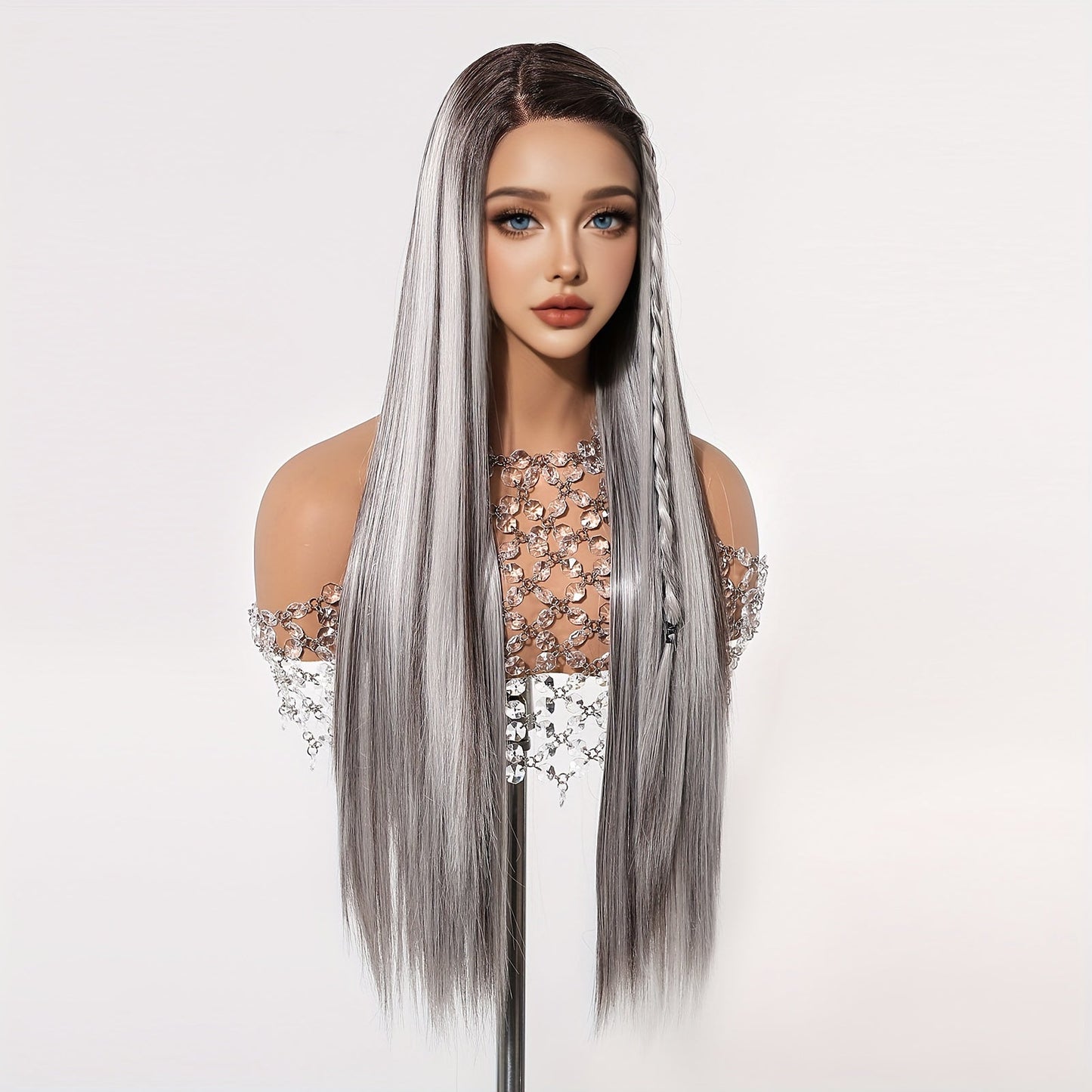 Chic 28" White & Grey Ombre Lace Front Wig - Soft Synthetic, Straight Hair for Women | Perfect for Daily Wear, Work, Parties, Halloween, Christmas & Cosplay