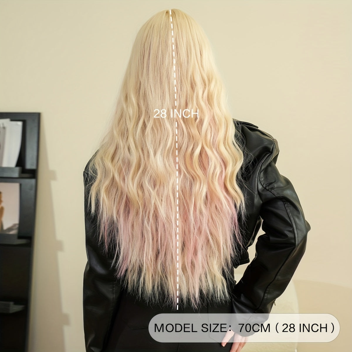 Wavy Ombre Pink to Blonde Synthetic Wig, Heat Resistant Viscose Fiber, Movie Themed Rose Net Cap, High Density Costume Party Hairpiece 27.56inch