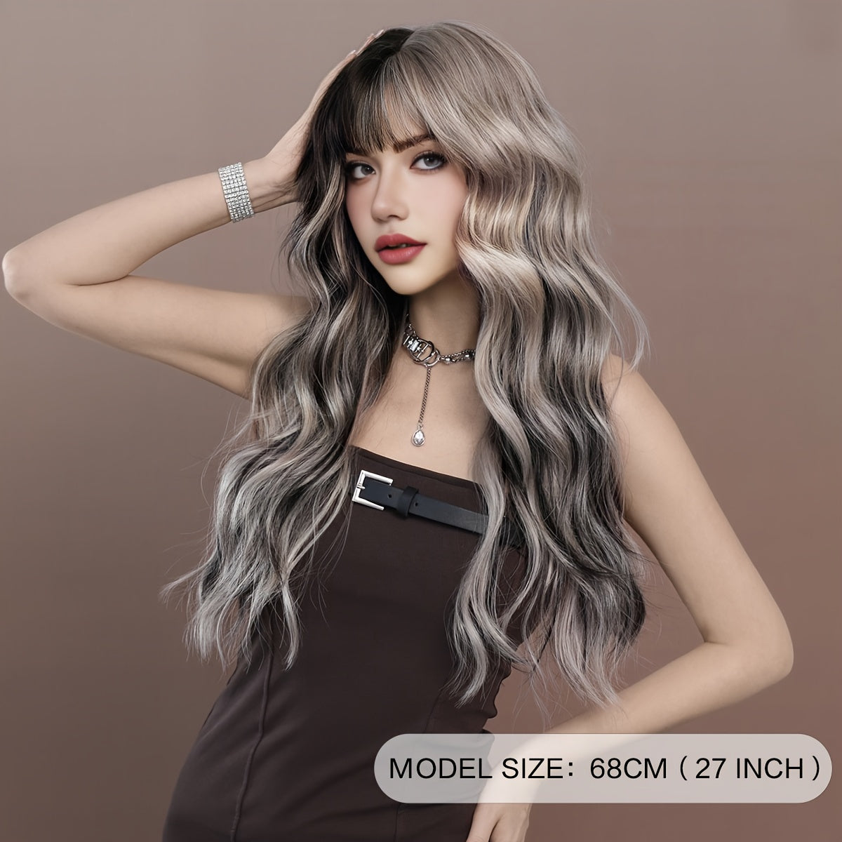 Silvery Gray Ombre Wig with Bangs - High-Density, Heat Resistant, Soft and Breathable Synthetic Hair for Women - Perfect for Halloween, Cosplay, Daily Wear, and Special Occasions