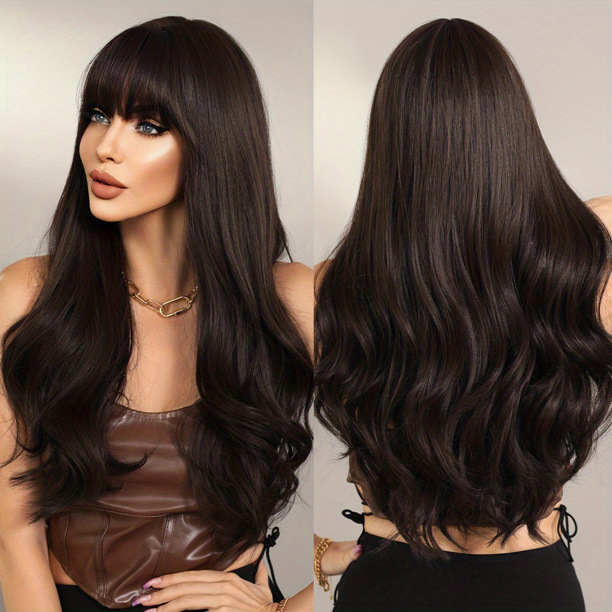 Luxurious Long Curly Wig with Bangs - Heat Resistant, Beginners Friendly, Fashionable, Daily Wear, Party Perfect, Synthetic Hair, Natural Looking, Soft to Touch, Easy to Style, Versatile, and High-Quality Wig for Women