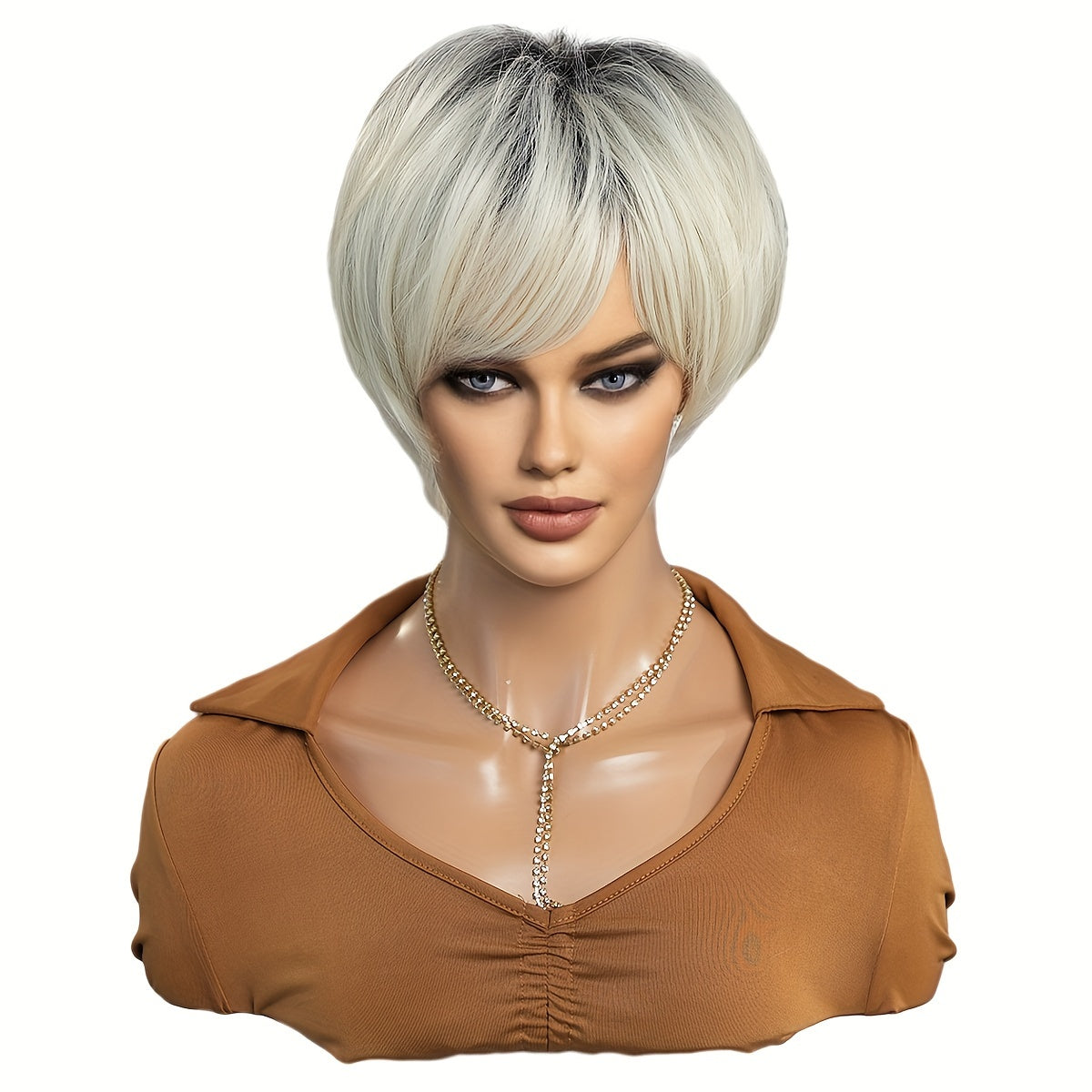 Elegant Ombre Black to Light Blonde Pixie Cut Wig with Bangs for Women - High Density Synthetic, Heat Resistant, 10.23" Short Straight Style