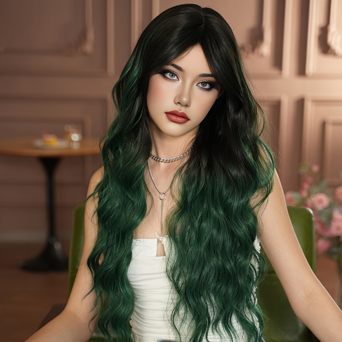 High-Density Synthetic Wig - Green Ombre with Black Roots, Body Wave Style for Women | Heat Resistant, Perfect for Halloween & Christmas Parties