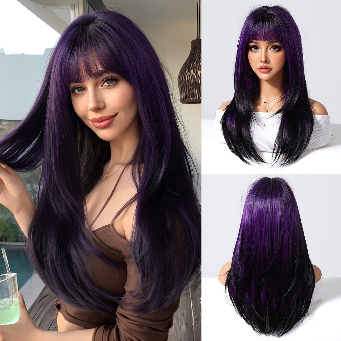 Women's Basic Long Straight Layered Wig with Bangs, High Temperature Fiber, 150% Density Rose Net Cap, Heat Resistant Synthetic Hair, Fashionable for Daily Use, Work, Parties, Halloween, Cosplay - 22 Inch Black to Purple Gradient