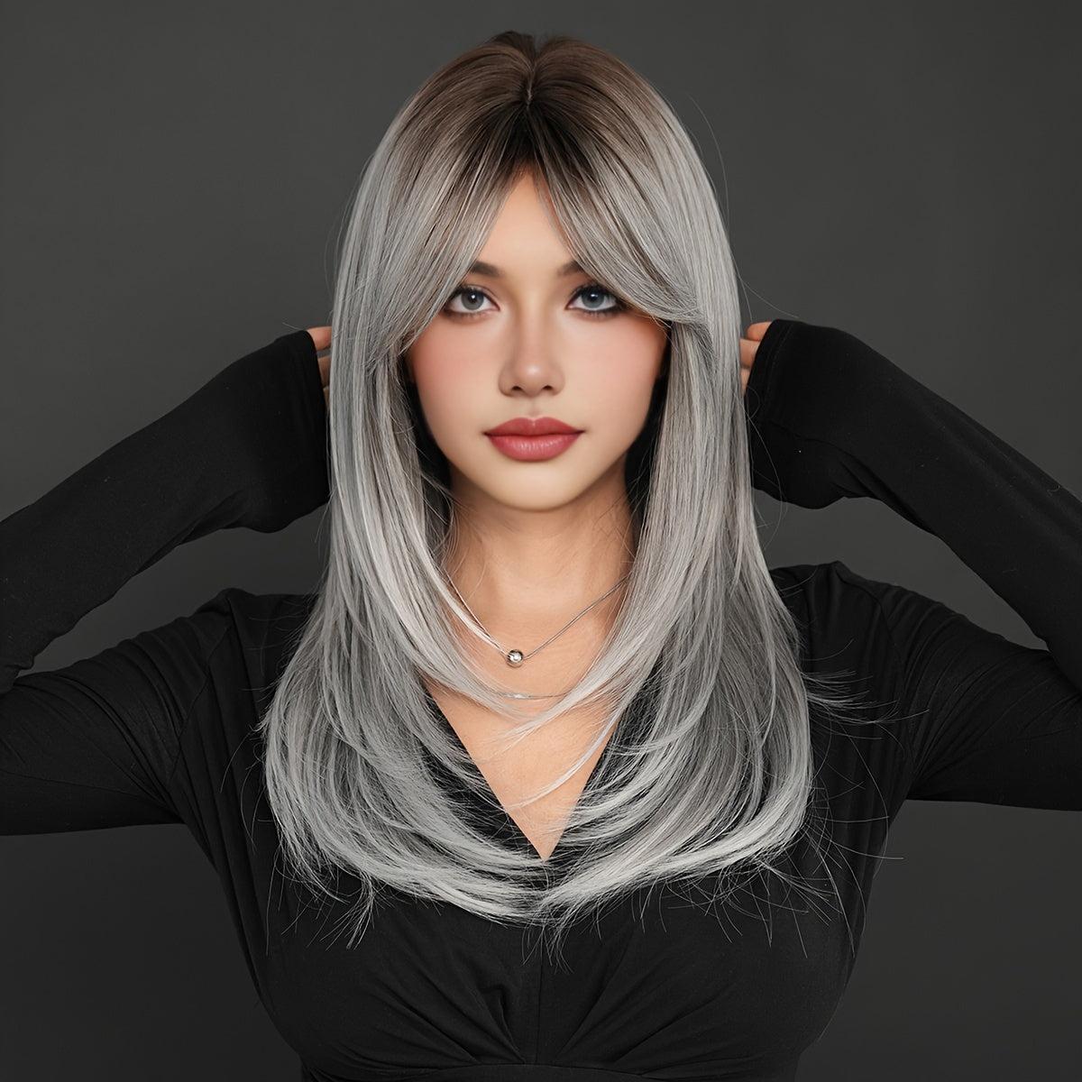 Chic Ombre Gray to White Long Straight Wig with Bangs for Women - High Density Synthetic Hair, Heat Resistant, Perfect for Daily Wear & Parties