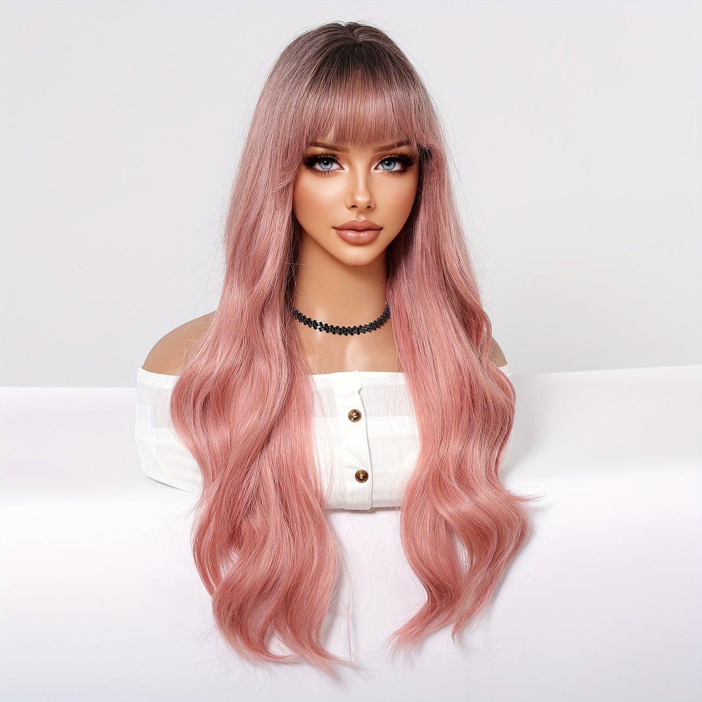 Chic 30" Gradient Pink Curly Wig with Bangs for Women - Easy-Care Synthetic Fibers, Perfect for Daily Wear & Special Occasions