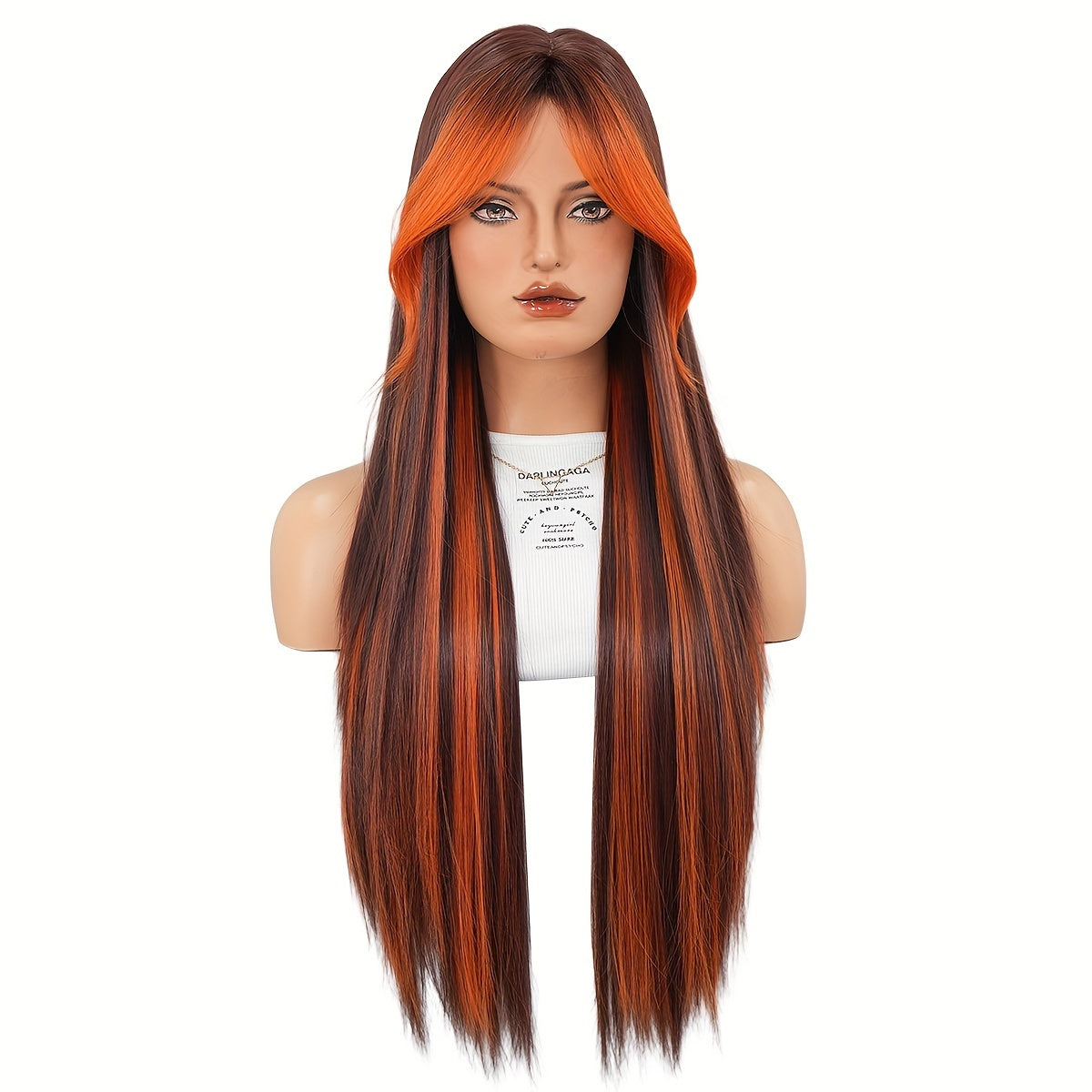 High-Density Synthetic Wig for Women - Long Straight with Golden Highlights & Orange Accents, Heat Resistant, Perfect for Halloween Cosplay & Daily Wear