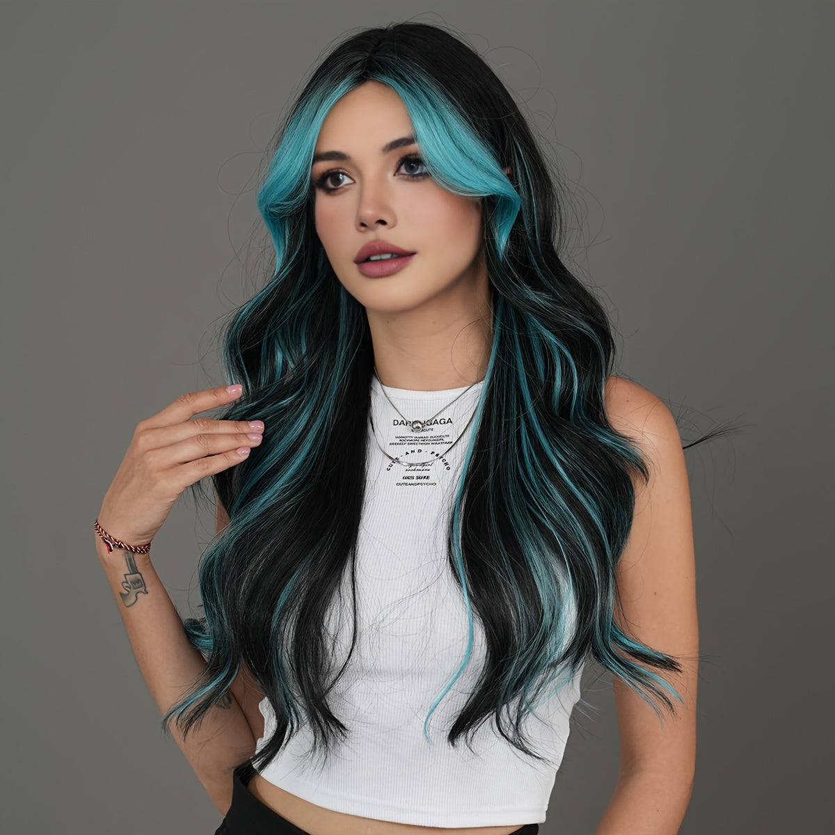 Sassy Theme Viscose Wavy Wig with Ombre Blue Highlights, Heat Resistant Synthetic Middle Part Wave Curl, High Density Rose Net Cap by NAMM, 25.59inch