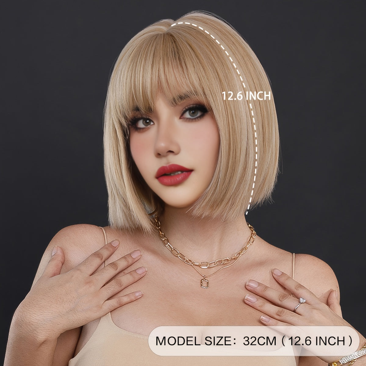 Elegant Champagne Blonde Highlight Short Straight Wig with Bangs - Heat Resistant Synthetic Hair for Women, Perfect for Daily Wear & Halloween Parties