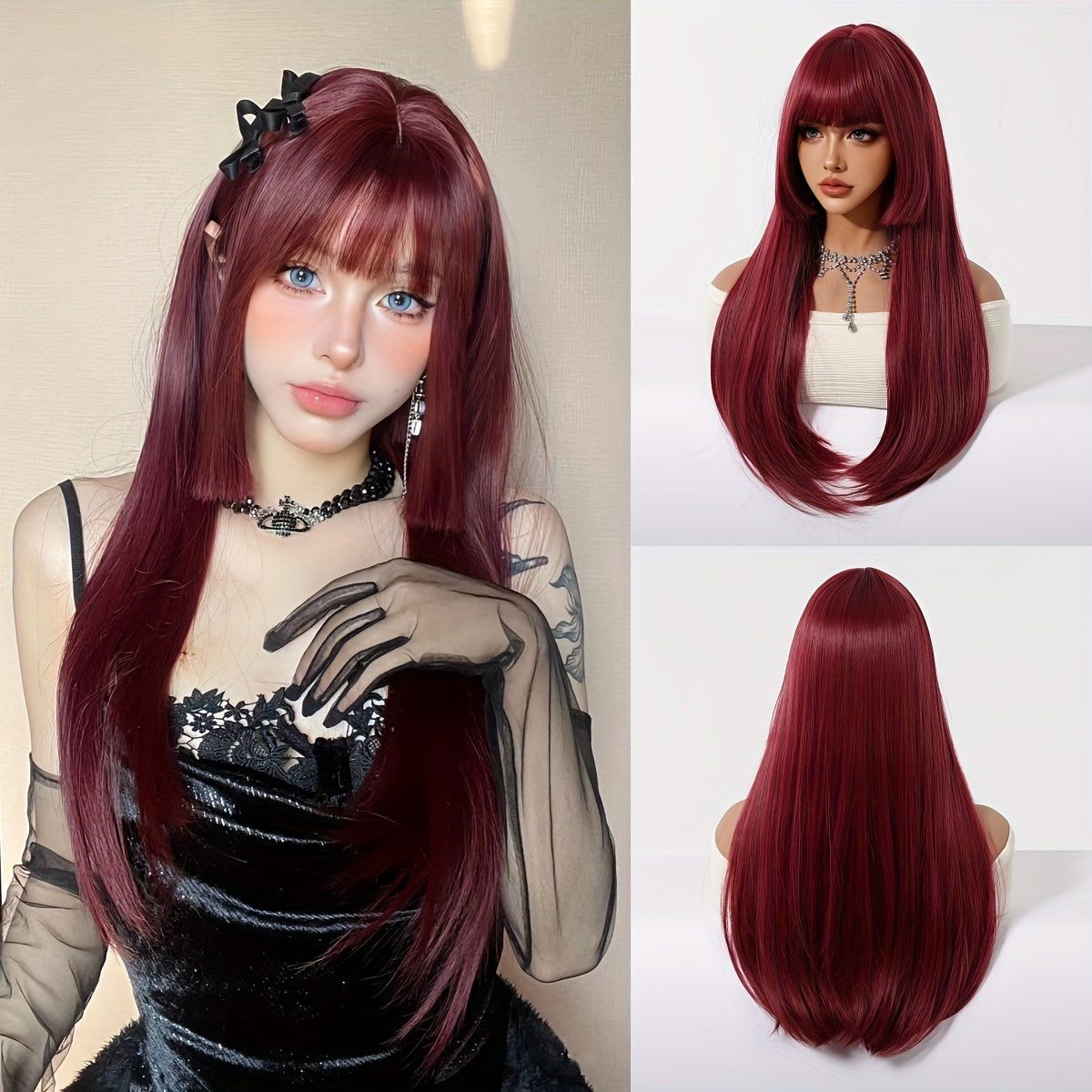 Chic 26" Burgundy Long Straight Wig with Bangs - Princess Cut, Soft Synthetic Hair for Women | Perfect for Daily Wear, Work, Parties, Halloween, Christmas & Cosplay