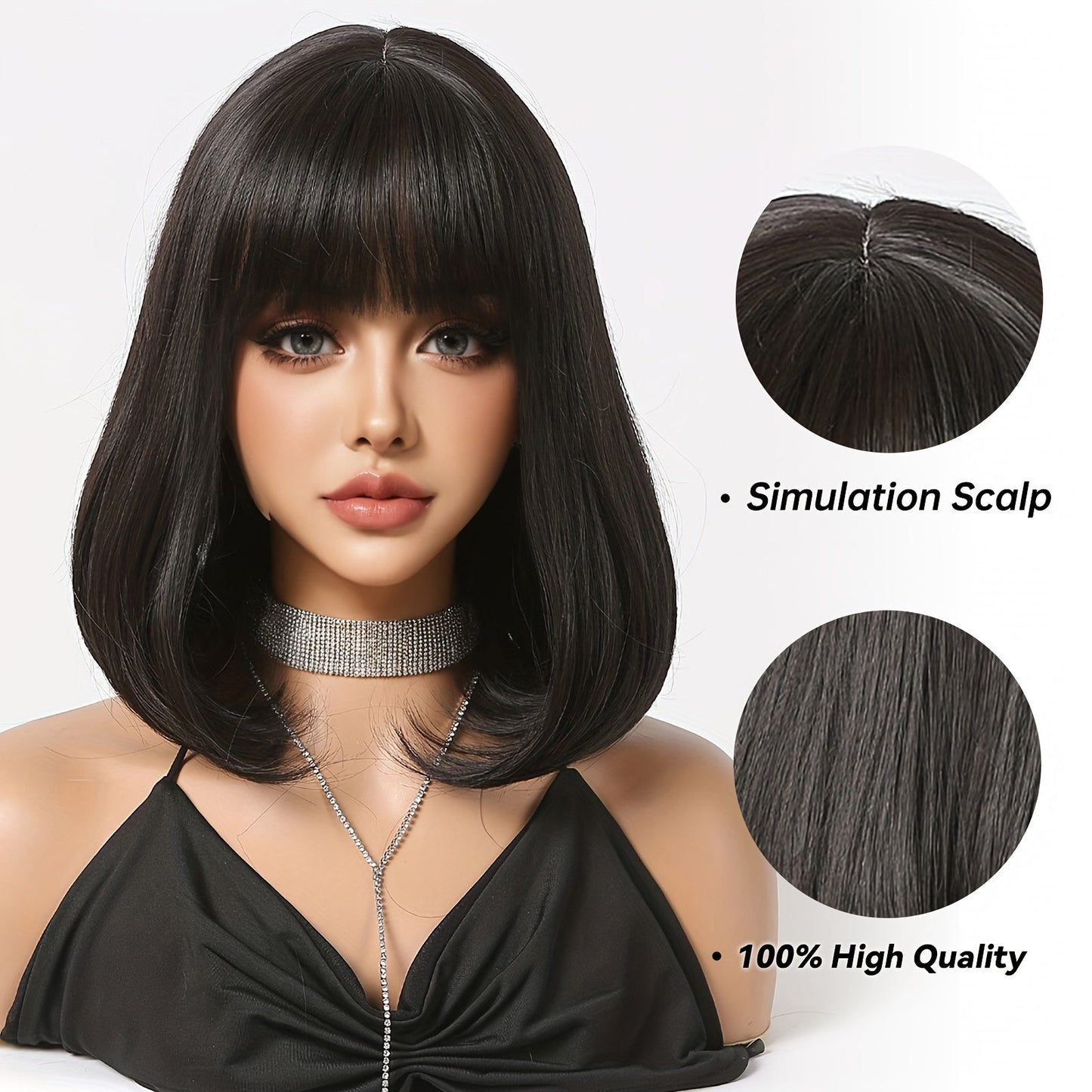 Women'S Bob Style Wig with Bangs - 16 inch, 100% High-Temperature Fiber, Straight Hair, 150% Density, Basic Style, Rose Net Cap, Versatile for Daily Wear, Work, Parties, Halloween, Christmas, Music Festivals