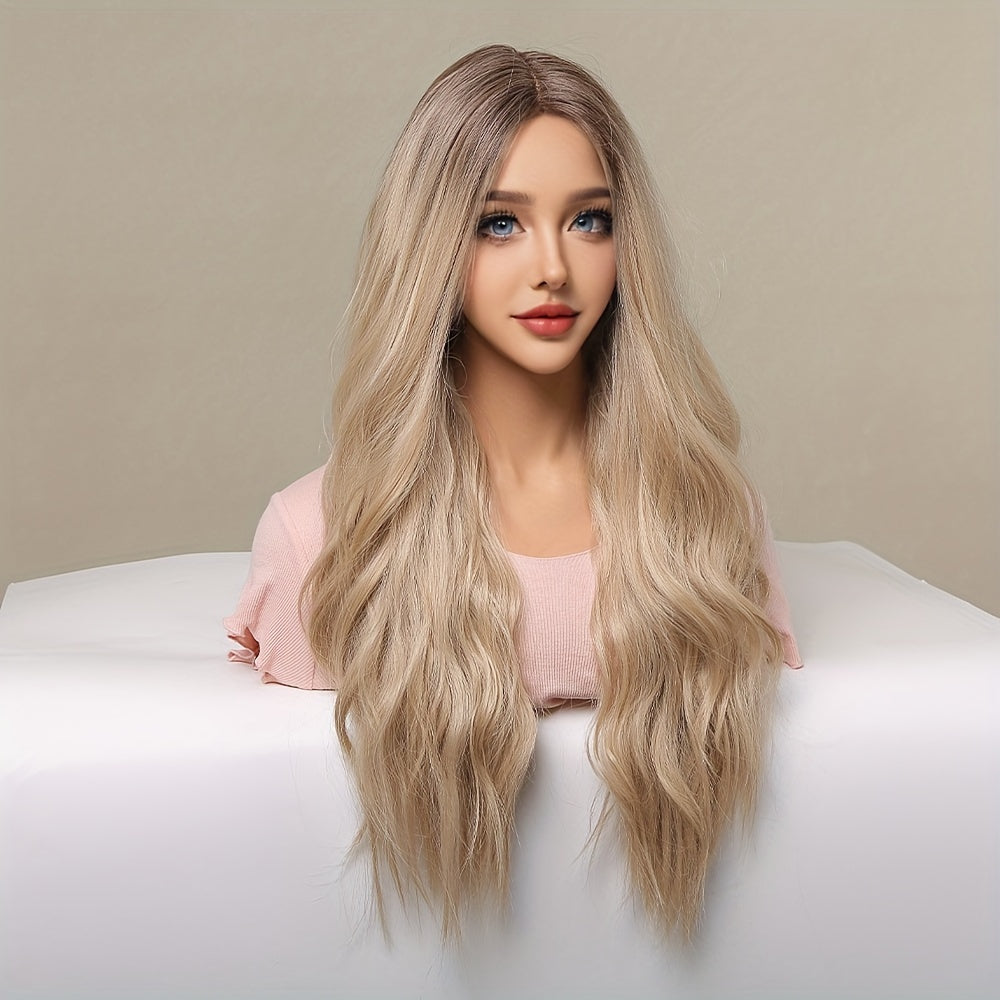 Women'S 26 Inch Curly Wave Lace Front Wig, 13*5*1 Lace Area, Golden Blonde with Black Roots, 150% Density, High-Temperature Fiber, Versatile for Daily, Work, Holidays, Festivals, Cosplay