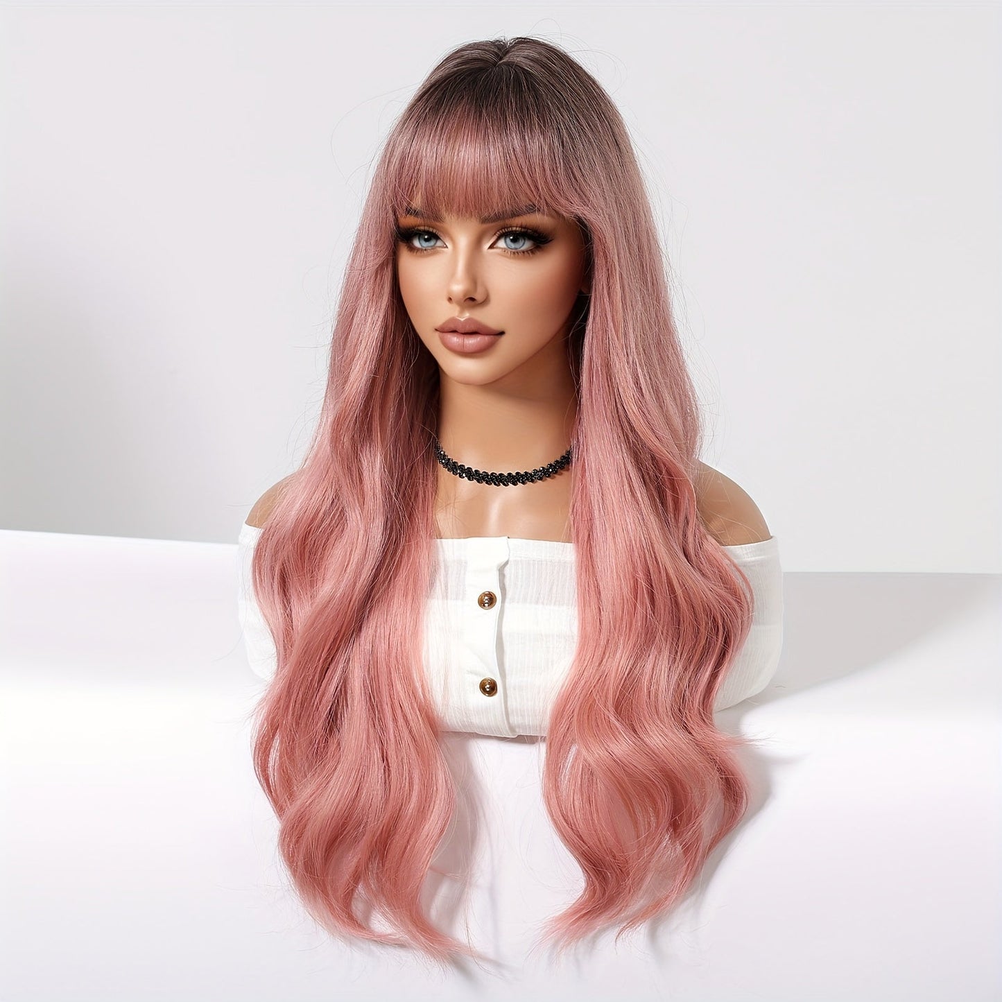 Chic 30" Gradient Pink Curly Wig with Bangs for Women - Easy-Care Synthetic Fibers, Perfect for Daily Wear & Special Occasions