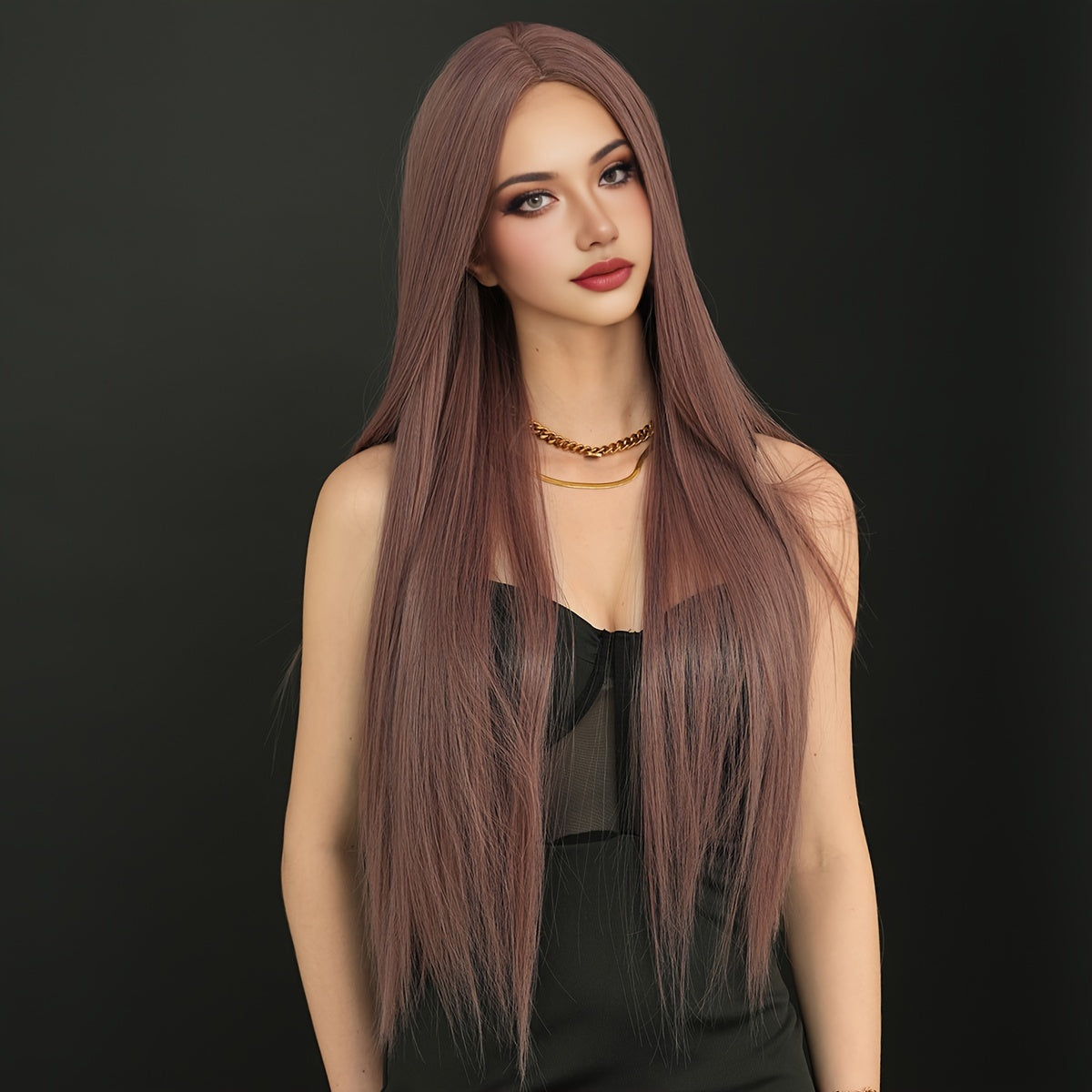 Women's Mocha Brown Synthetic Wig - High Temperature Fiber, Party-Style Straight Hair, Rose Net Cap, High Density 150%, Long 31.5inch, Heat Resistant, Versatile Fit