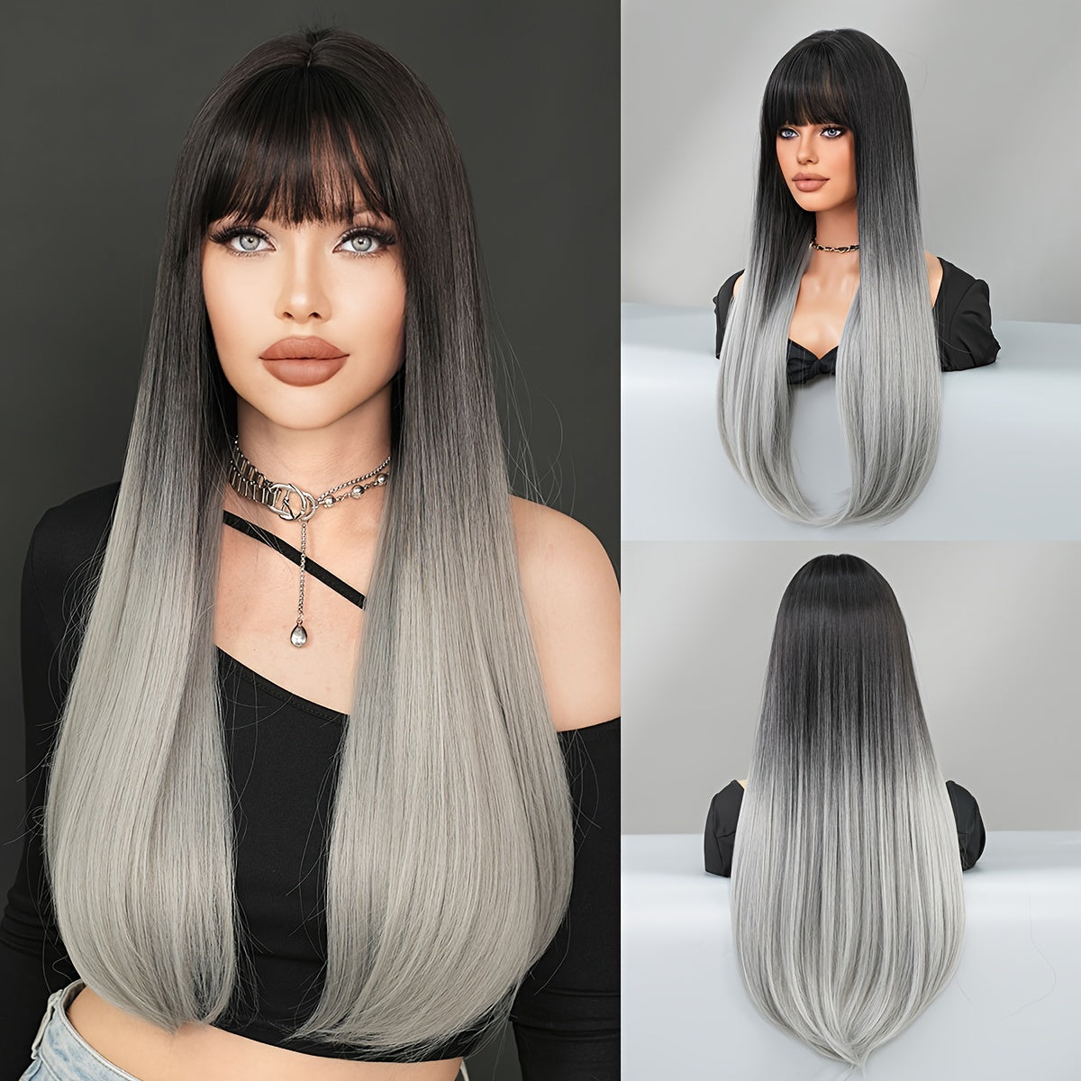 High Temperature Fiber Women'S Wig - Black to Grey Ombre, Long Straight Synthetic Hair, 150% Density, Rose Net Cap, Heat Resistant for Daily and Vacation Use, One Size Fits All, 27.56inch