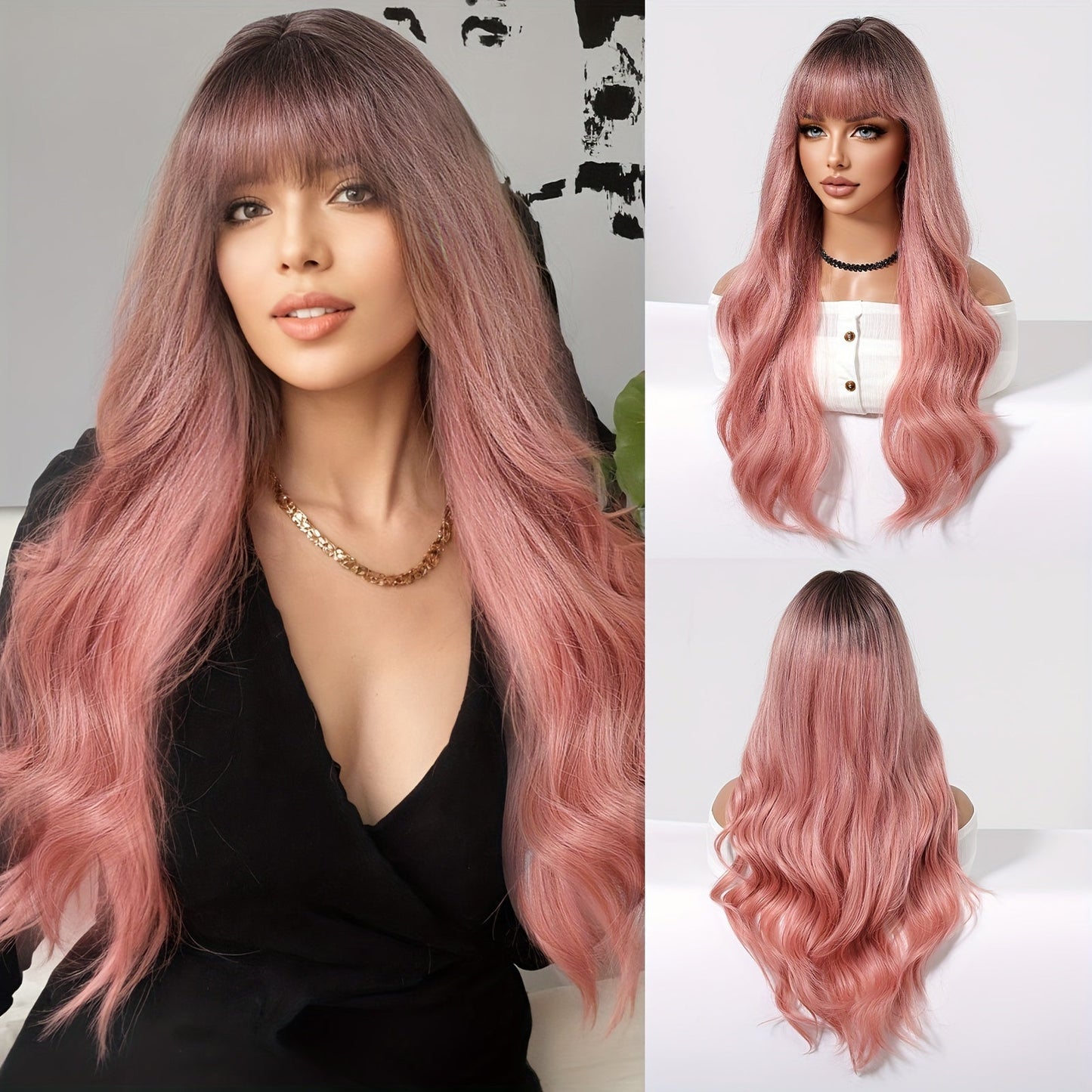 Chic 30" Gradient Pink Curly Wig with Bangs for Women - Easy-Care Synthetic Fibers, Perfect for Daily Wear & Special Occasions