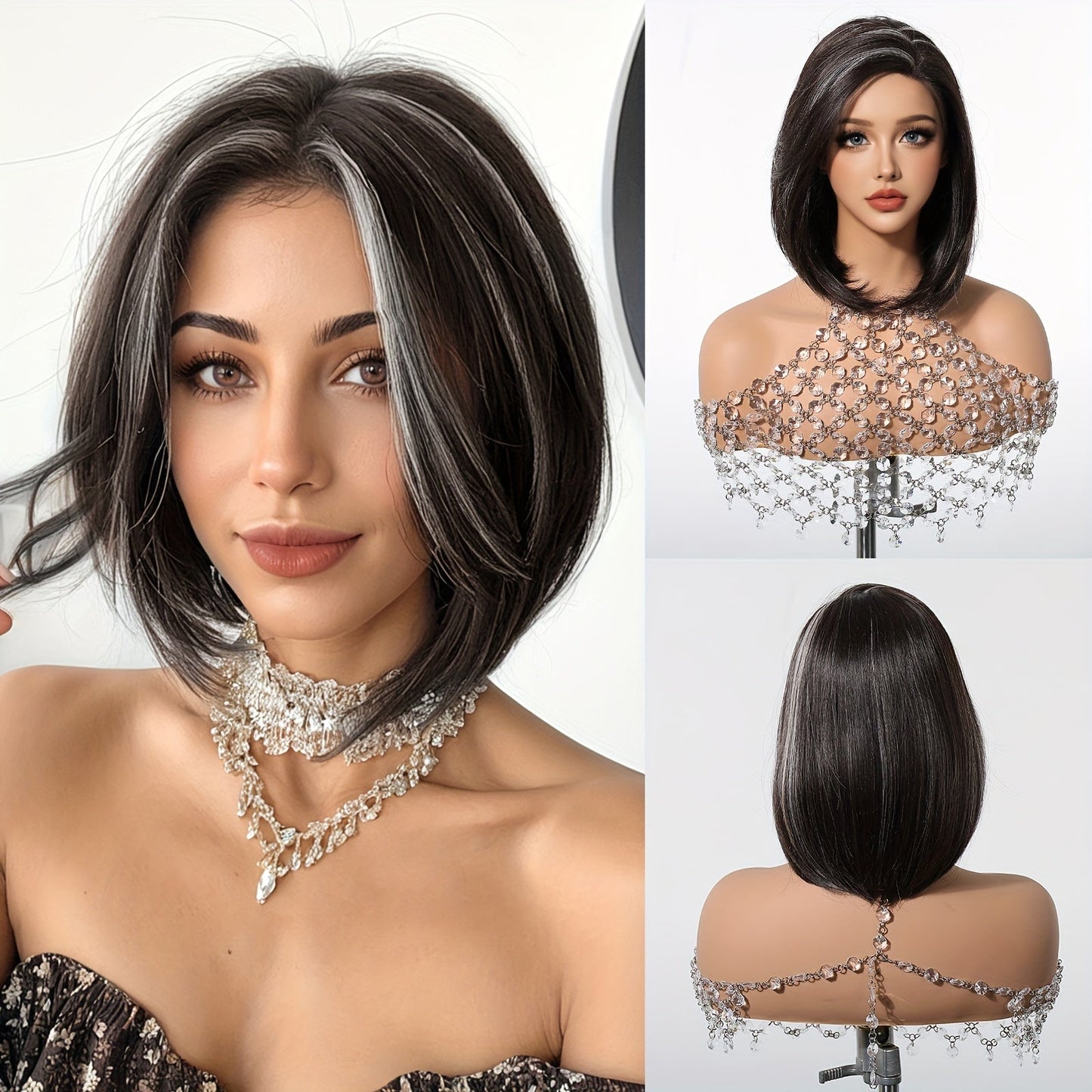 Chic 14" Black & White Ombre Bob Wig - Soft Synthetic, Lace Front (13x4x1), Perfect for Daily Wear, Work, Parties, Halloween, Christmas & Cosplay