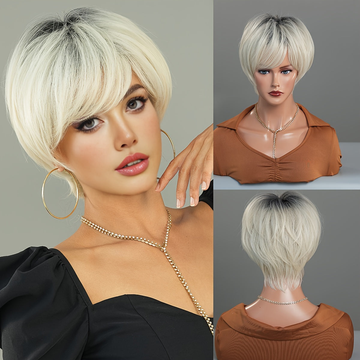 Elegant Ombre Black to Light Blonde Pixie Cut Wig with Bangs for Women - High Density Synthetic, Heat Resistant, 10.23" Short Straight Style