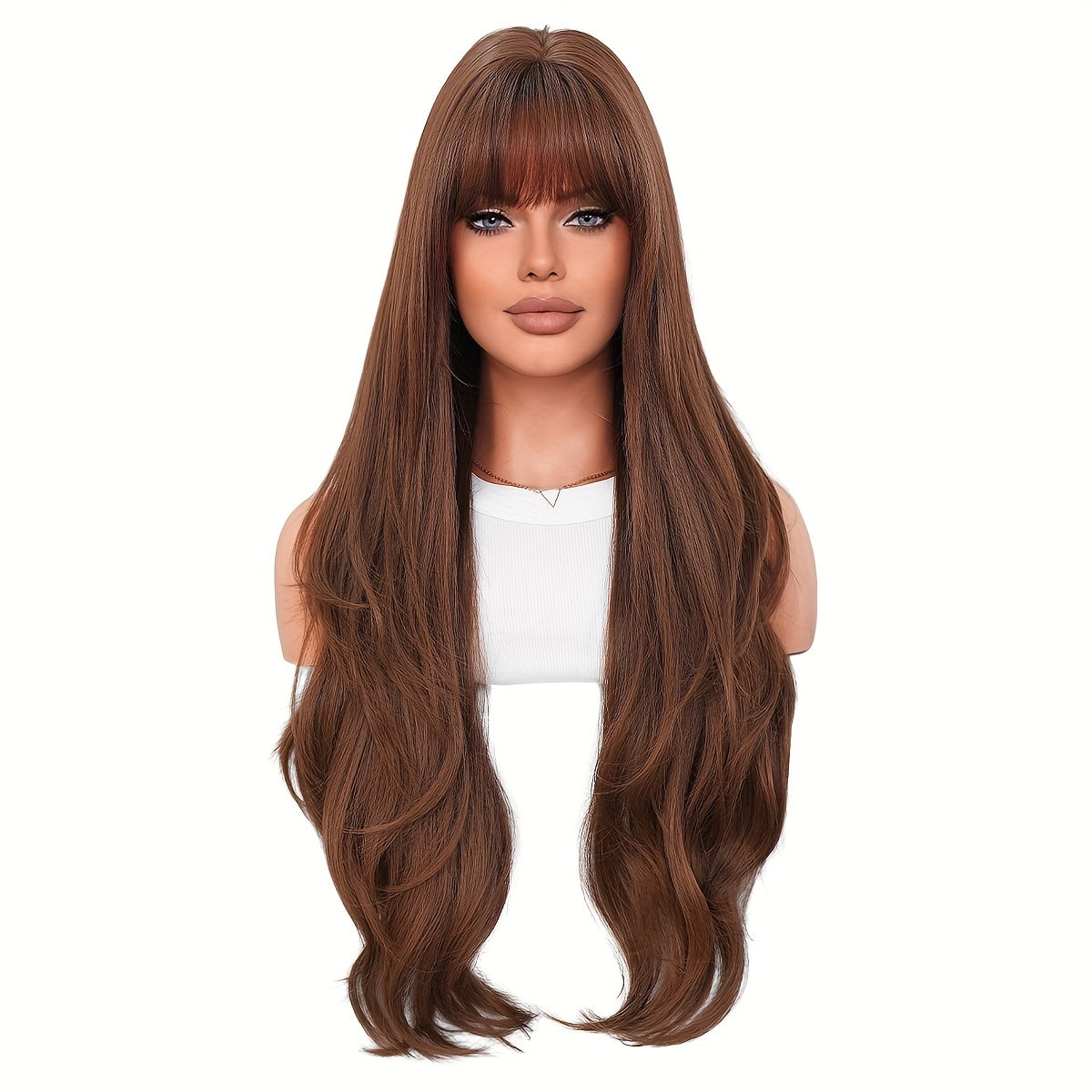 Luxurious Mocha Brown Body Wave Wig for Women - High-Density, Heat Resistant Synthetic Hair with Bangs, Natural Looking, Soft to Touch, Perfect for Daily Wear, Cosplay, and Special Occasions