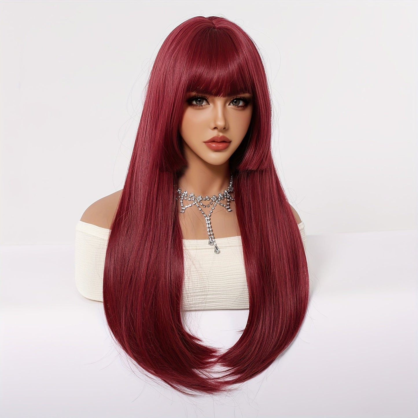 Chic 26" Burgundy Long Straight Wig with Bangs - Princess Cut, Soft Synthetic Hair for Women | Perfect for Daily Wear, Work, Parties, Halloween, Christmas & Cosplay