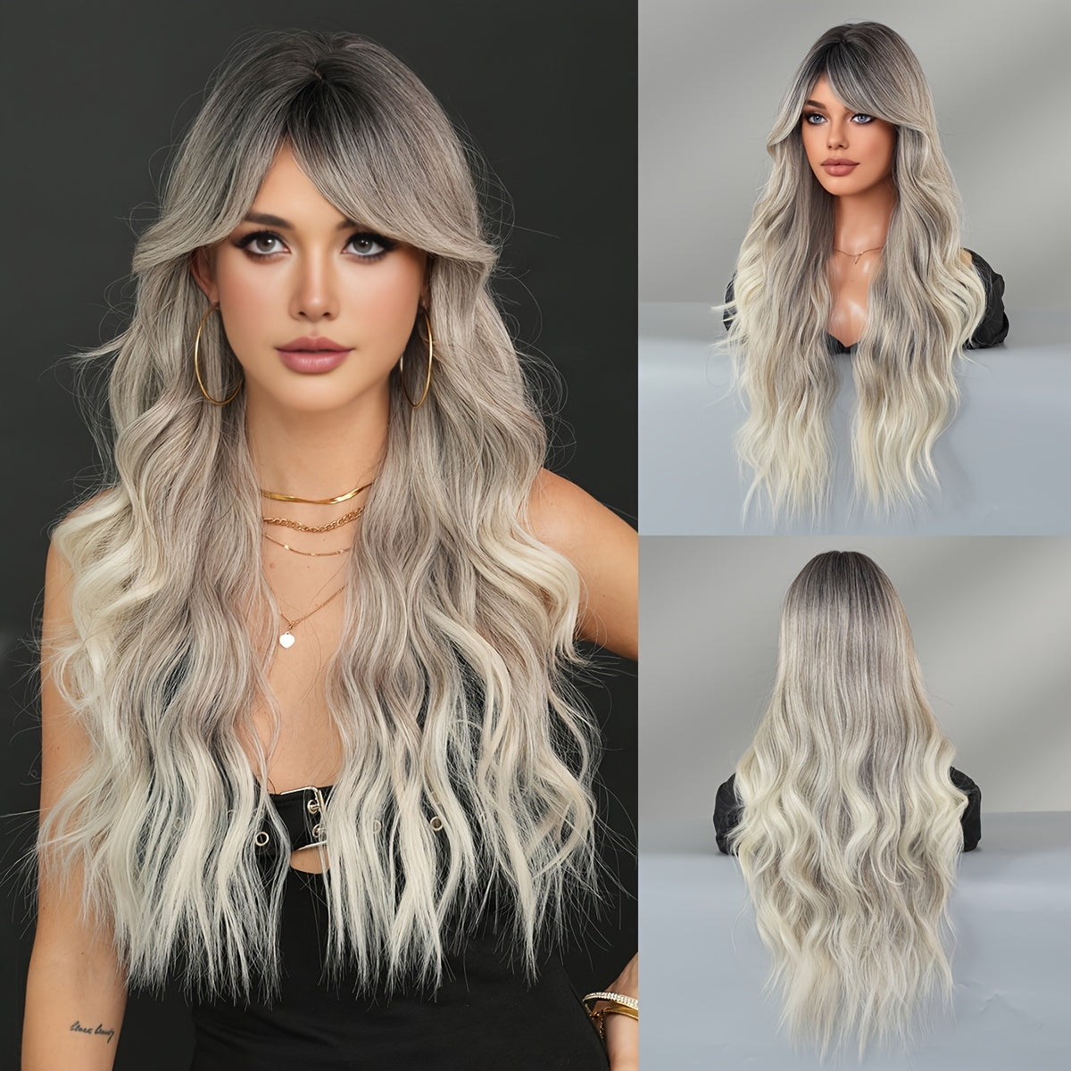 Elegant Water Wave Wig for Women, High Temperature Fiber Synthetic Silver Grey Ombre, 150% Density Rose Net Cap, Long Wavy Curl 27.56inch, Heat Resistant for Festivals and Parties