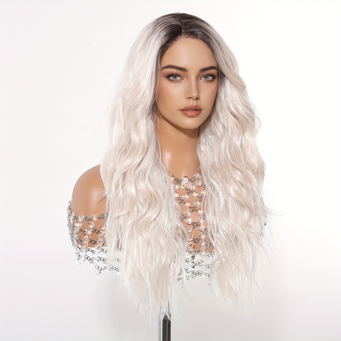 Synthetic Lace Wig Basic Style 22 Inch White Golden Top with Curly Wave, Japanese Silk, 13*4 Lace Area, 150% Density for Daily, Work, Party, Halloween, Christmas, Music Festival, Cosplay And Other Activities