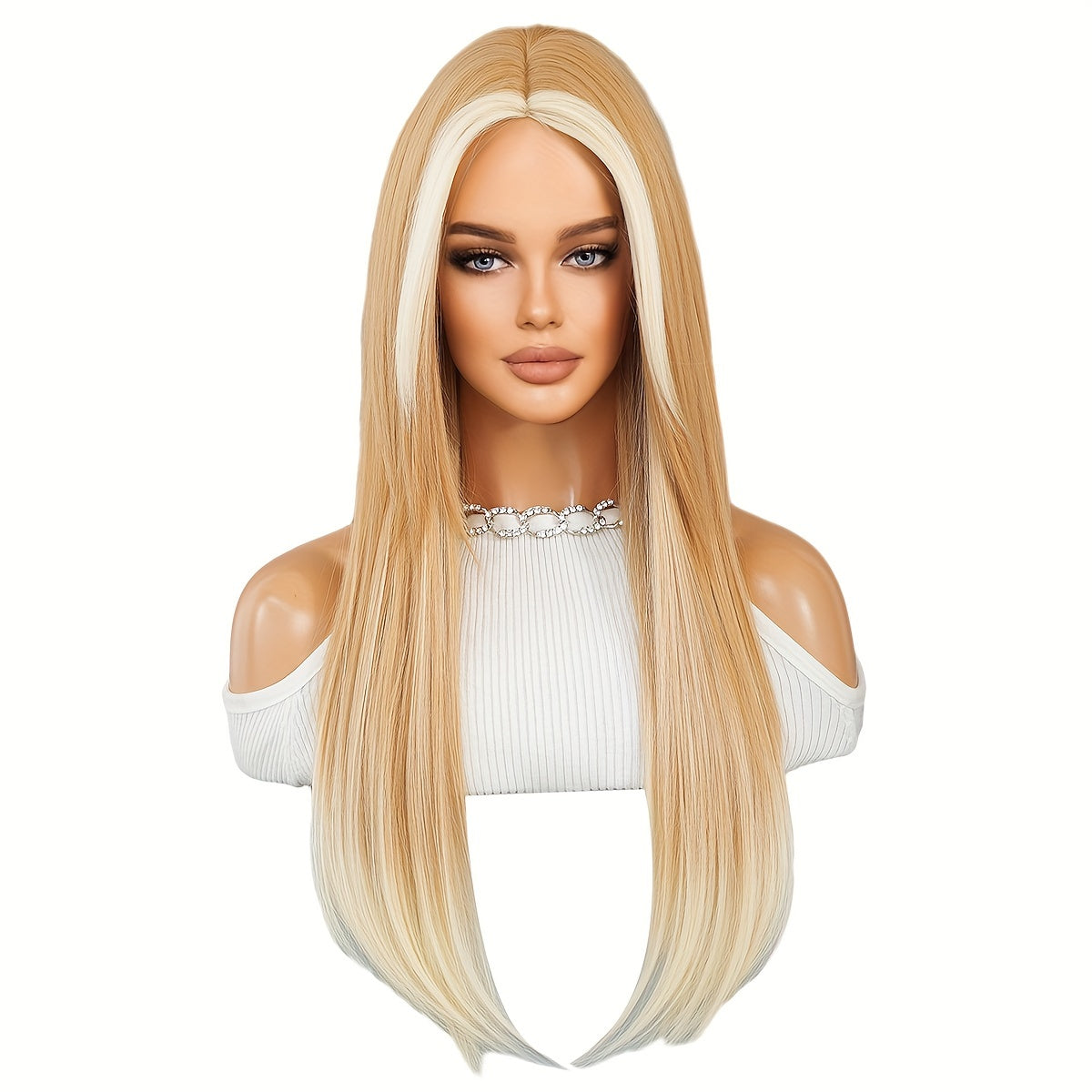 Blonde Ombre Beige Wig for Women - High Density Synthetic, Middle Part with Curtain Bangs, Heat Resistant, Perfect for Daily Wear & Halloween Costumes, 25.59"