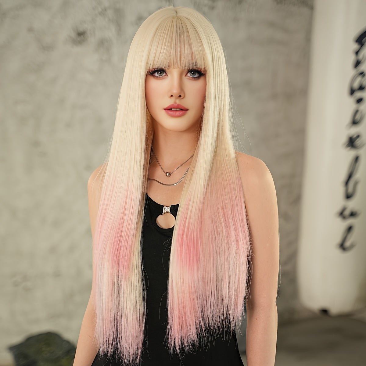 High-Density Synthetic Wig - Long Straight Beige Ombre Pink with Bangs for Women, Heat Resistant, Perfect for Halloween & Cosplay Parties