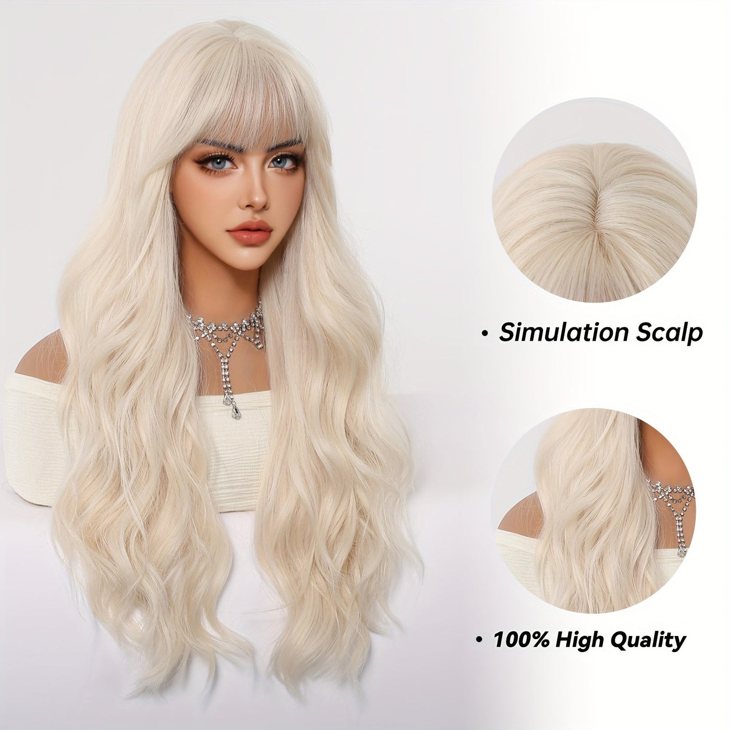 Chic 26" White Golden Curly Wig with Bangs for Women - Soft, Heat-Resistant Synthetic Hair for Daily Wear, Parties, Halloween & More