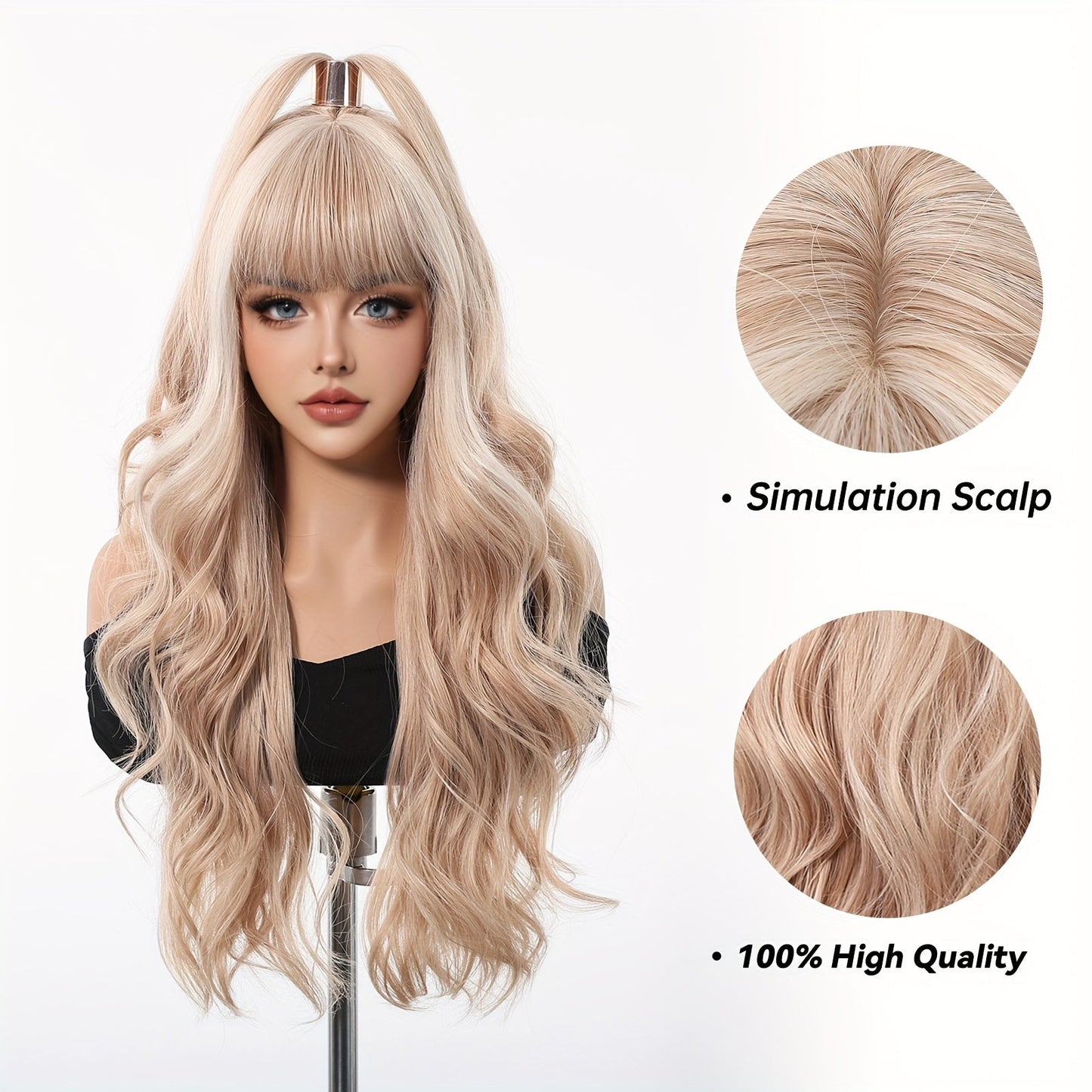 24 Inch Long Curly Wave Wig with Bangs for Women, Fashionable Soft Synthetic Hair, High Temp Fiber, Rose Net Cap, 150% Density, Ideal for Daily Wear, Halloween, Cosplay, and Music Festivals