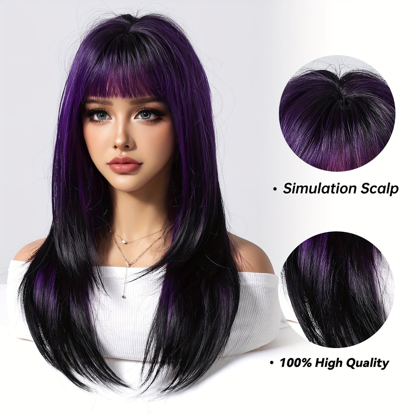 Women's Basic Long Straight Layered Wig with Bangs, High Temperature Fiber, 150% Density Rose Net Cap, Heat Resistant Synthetic Hair, Fashionable for Daily Use, Work, Parties, Halloween, Cosplay - 22 Inch Black to Purple Gradient