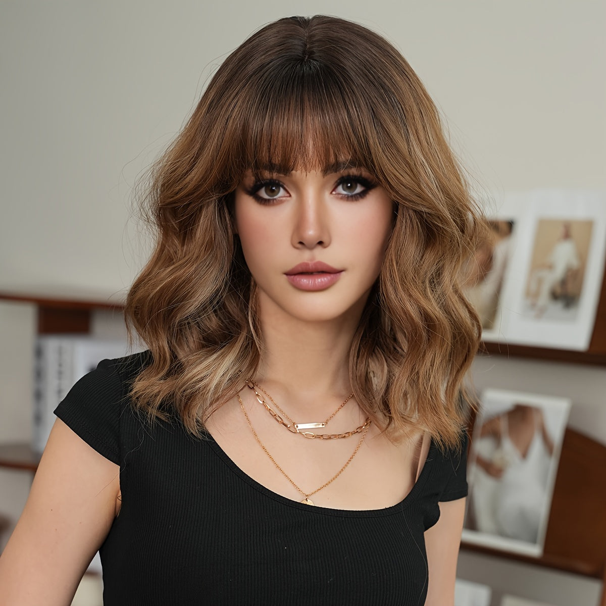 Elegant Body Wave Wig for Women - High Temperature Fiber Synthetic Gradient Golden Brown, High Density 150% with Rose Net Cap, Versatile Daily Wear, Heat Resistant 16.14inch