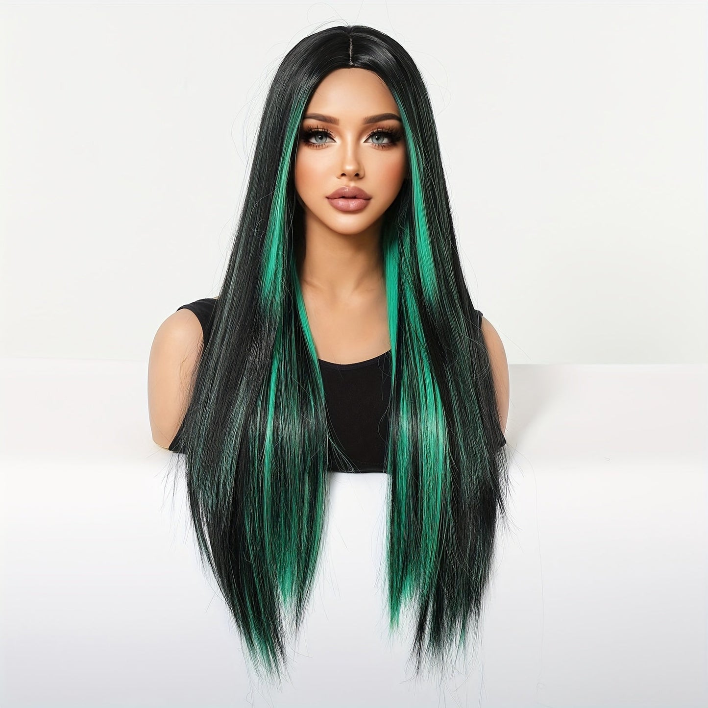 Women's 26 inch Long Straight Party Wig with Black Mixed Green Highlights, High Temperature Fiber, 150% Density, Rose Net Cap, Heat Resistant Synthetic Hair for Daily Use and Festive Occasions