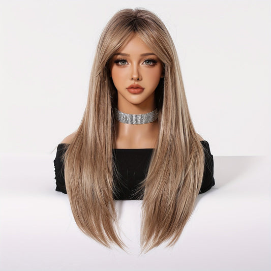 24 inch brown dyed long straight wig with bangs, soft and comfortable synthetic wig, Women's wig, suitable for daily use, gatherings, Halloween, Christmas, music festivals and various holiday activities, cosplay costumes