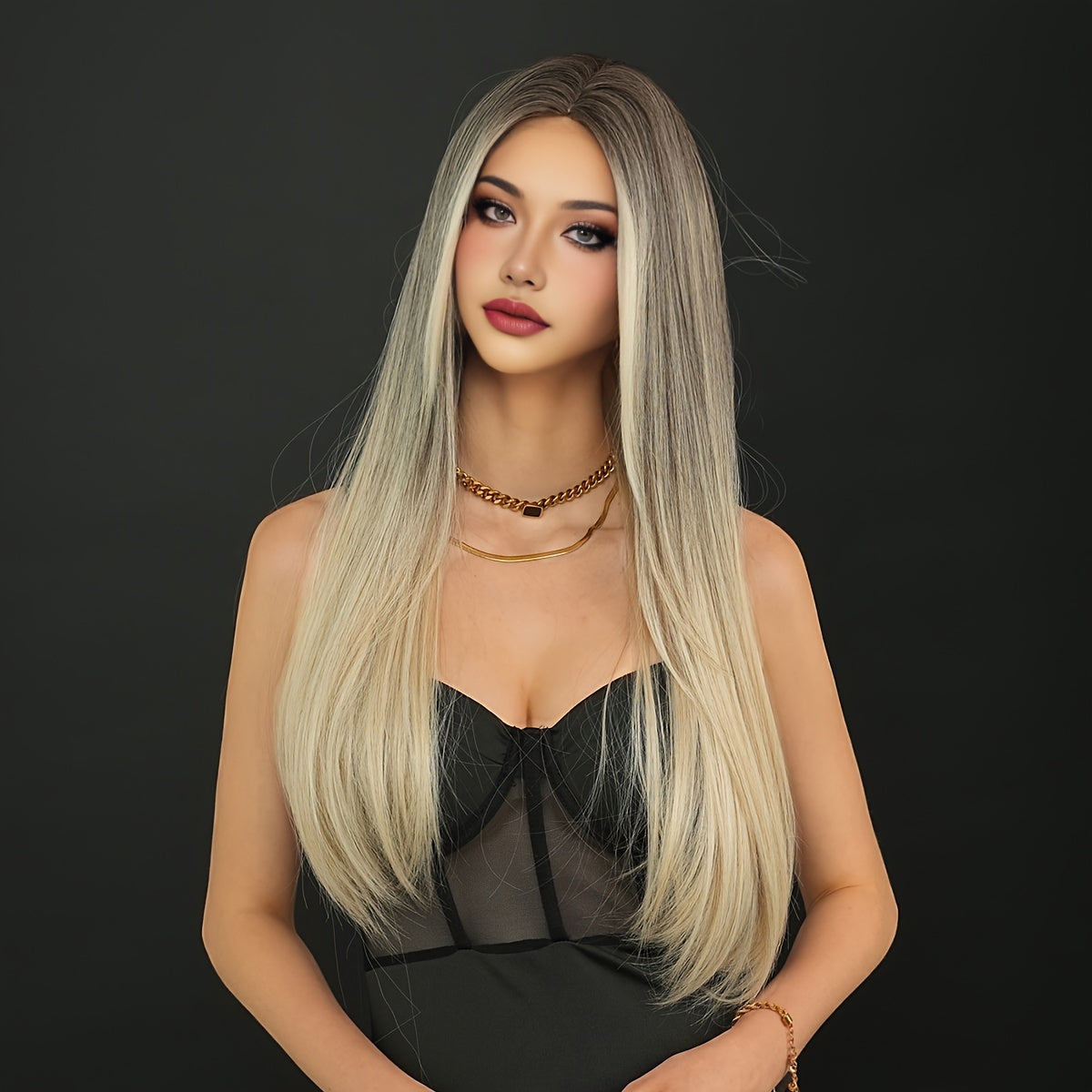 Heat Resistant Viscose Wig - Movie Theme Straight Hair, High-Density Grey to Golden Ombre with Middle Part, Durable Rose Net Cap for Halloween Cosplay & Daily Wear, 25.59inch