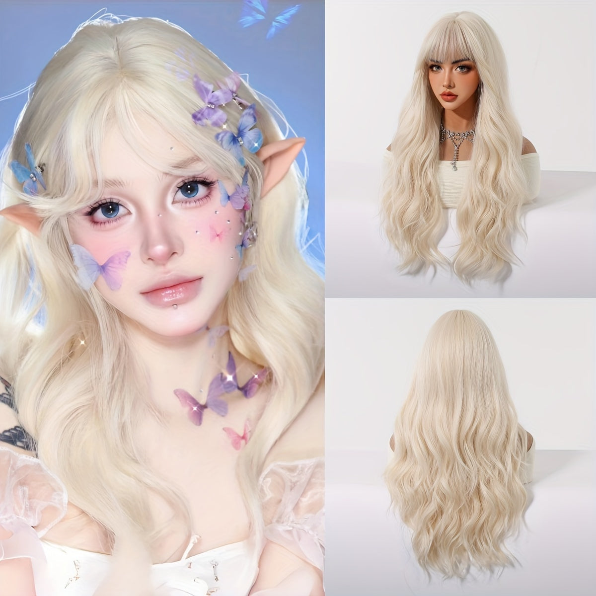 Chic 26" White Golden Curly Wig with Bangs for Women - Soft, Heat-Resistant Synthetic Hair for Daily Wear, Parties, Halloween & More