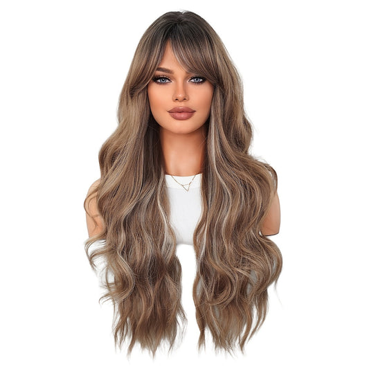 Elegant Body Wave Synthetic Wig for Women, Heat Resistant High Density 150% with Bangs, Long Loose Side Part, Beige Highlighted, Rose Net Cap, 27.55Inches