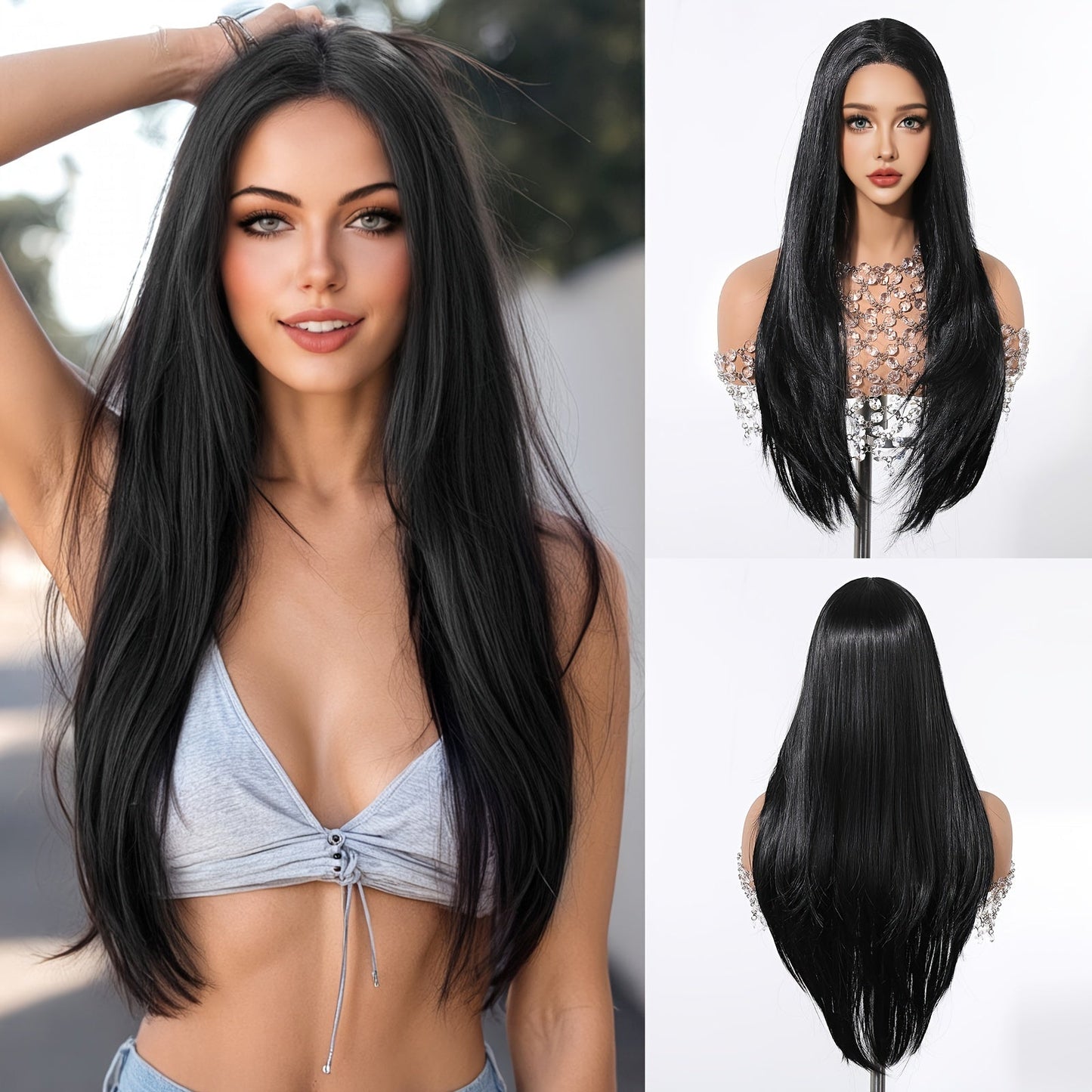 Women's Basic Style 26-Inch Black Lace Front Wig, Straight Layered Heat-Resistant Fiber, 150% Density, 13*5*1 Inch Lace, Versatile Synthetic Wig for Daily Wear, Parties, Cosplay Events