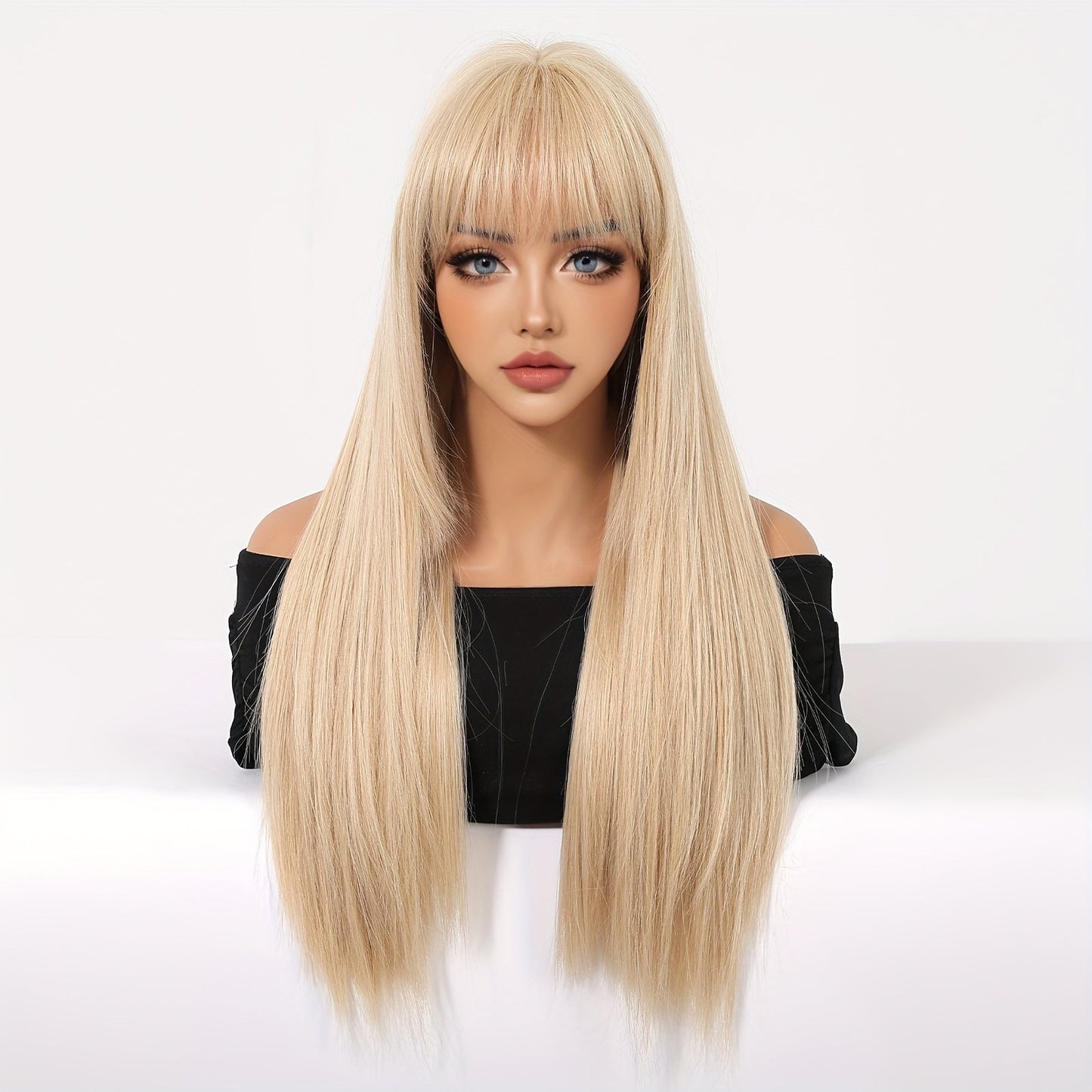 Chic 26" Light Golden Princess Cut Wig with Bangs - Soft Synthetic, Heat Resistant for Daily Wear, Parties, Halloween & Cosplay