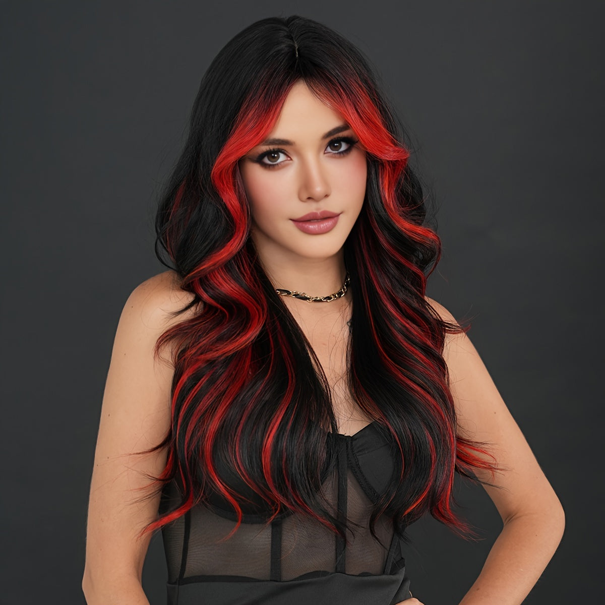 Vibrant Black & Red Highlighted Wavy Wig with Bangs - Heat Resistant, Soft, and Shiny Synthetic Hair for Women - Perfect for Halloween, Cosplay Parties, and Casual Attire