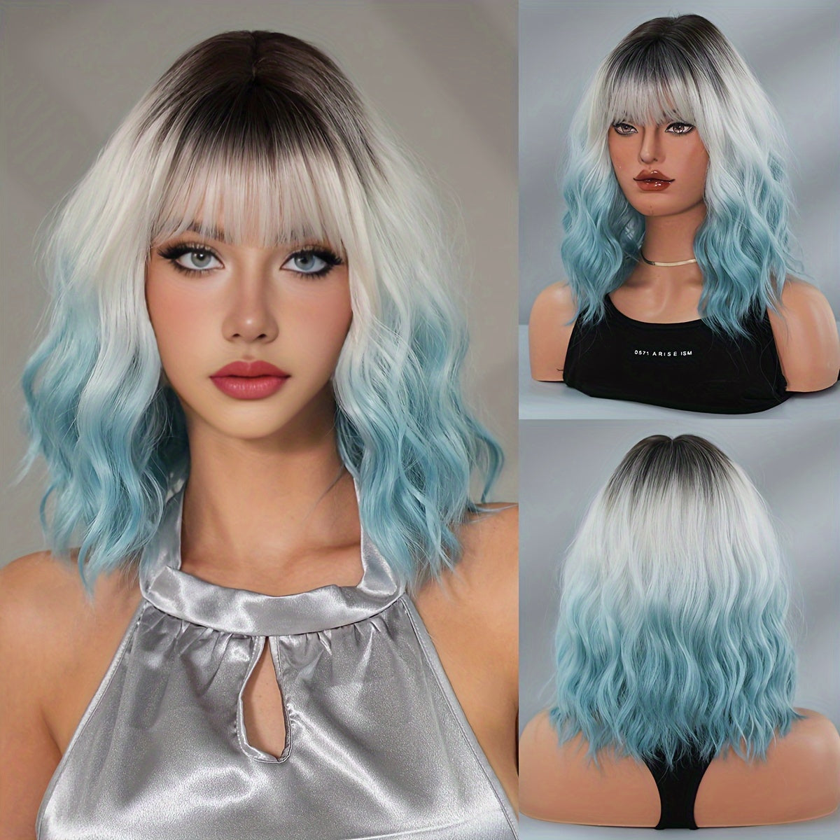 Vibrant Ombre Blue & White Shoulder-Length Wavy Wig with Bangs - High-Density Heat Resistant Synthetic Hair, Natural Looking Dark Roots, Perfect for Daily Wear, Halloween Parties, and Cosplay Events