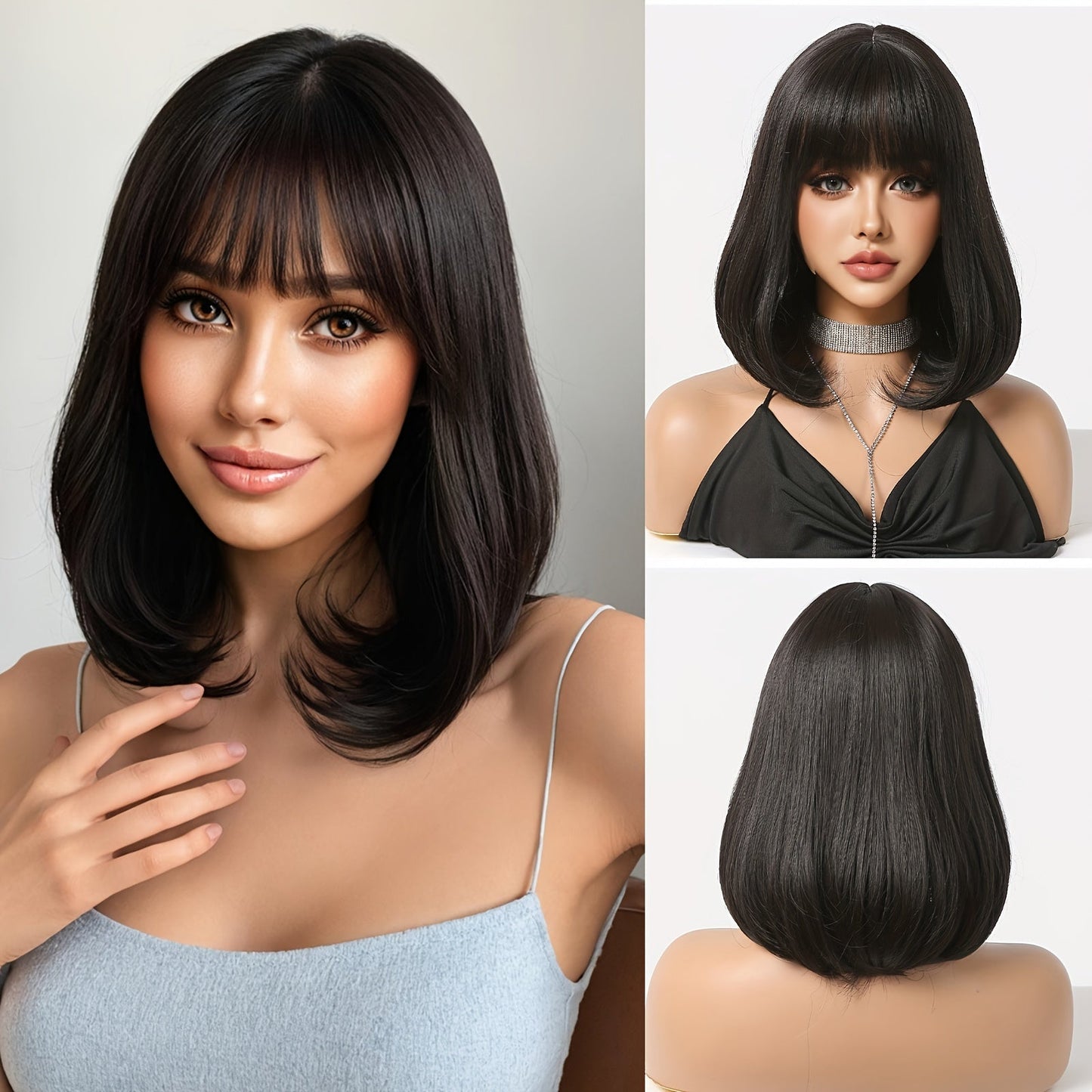 Women'S Bob Style Wig with Bangs - 16 inch, 100% High-Temperature Fiber, Straight Hair, 150% Density, Basic Style, Rose Net Cap, Versatile for Daily Wear, Work, Parties, Halloween, Christmas, Music Festivals