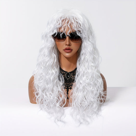 24 Inch White Curly Wave Wig with Bangs, Soft Synthetic Fiber, Women'S Fashion Wig for Daily Wear, Gatherings, Halloween, Christmas, Music Festivals, Cosplay - Heat-Resistant, Hand Wash, No Cold Water, No Dryers, Rose Cap, 150% Density, All Ethnicities