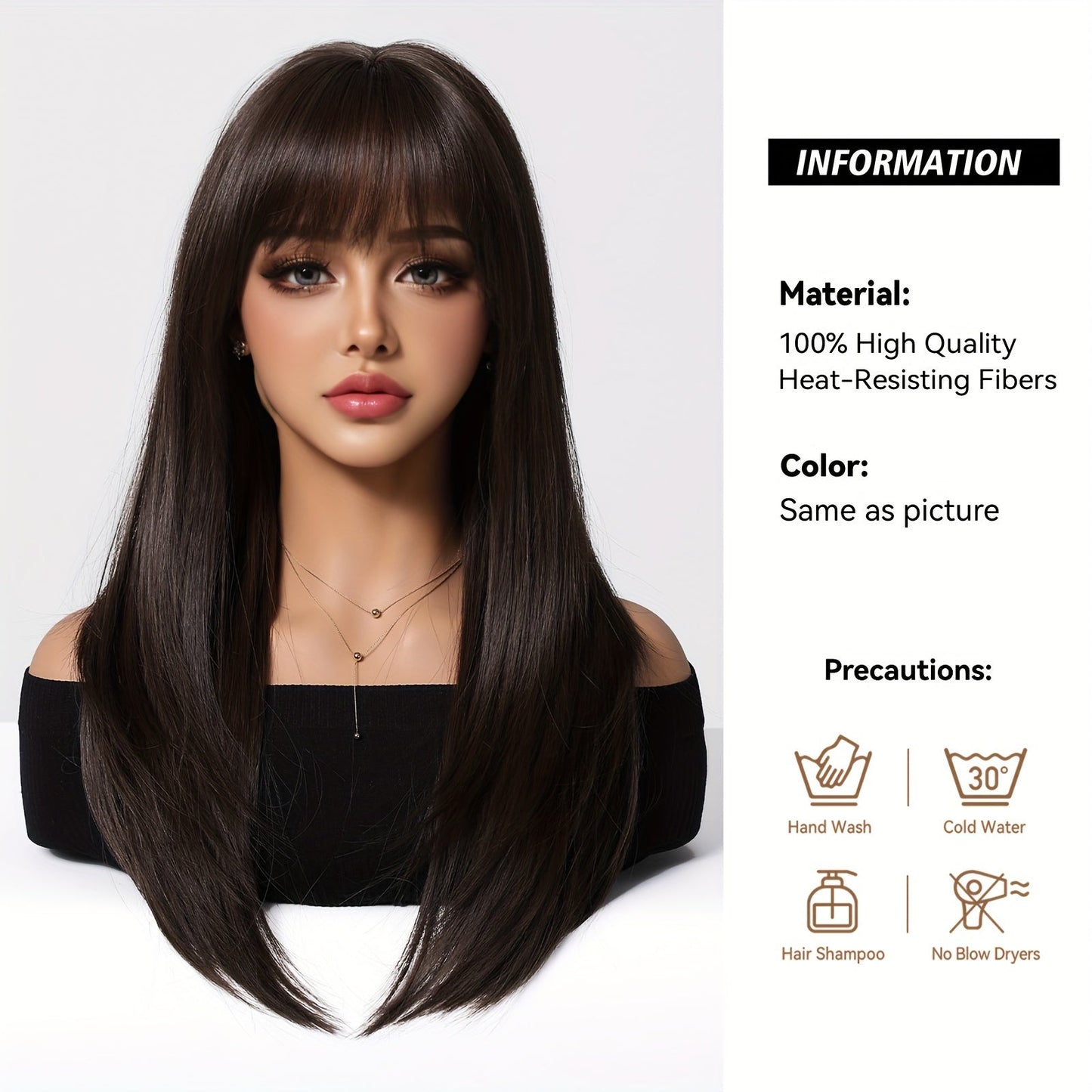 Chic 20-Inch Black & Brown Layered Wig with Bangs - Soft Synthetic, Heat Resistant for Women | Perfect for Daily Wear, Halloween, Christmas, Cosplay & More