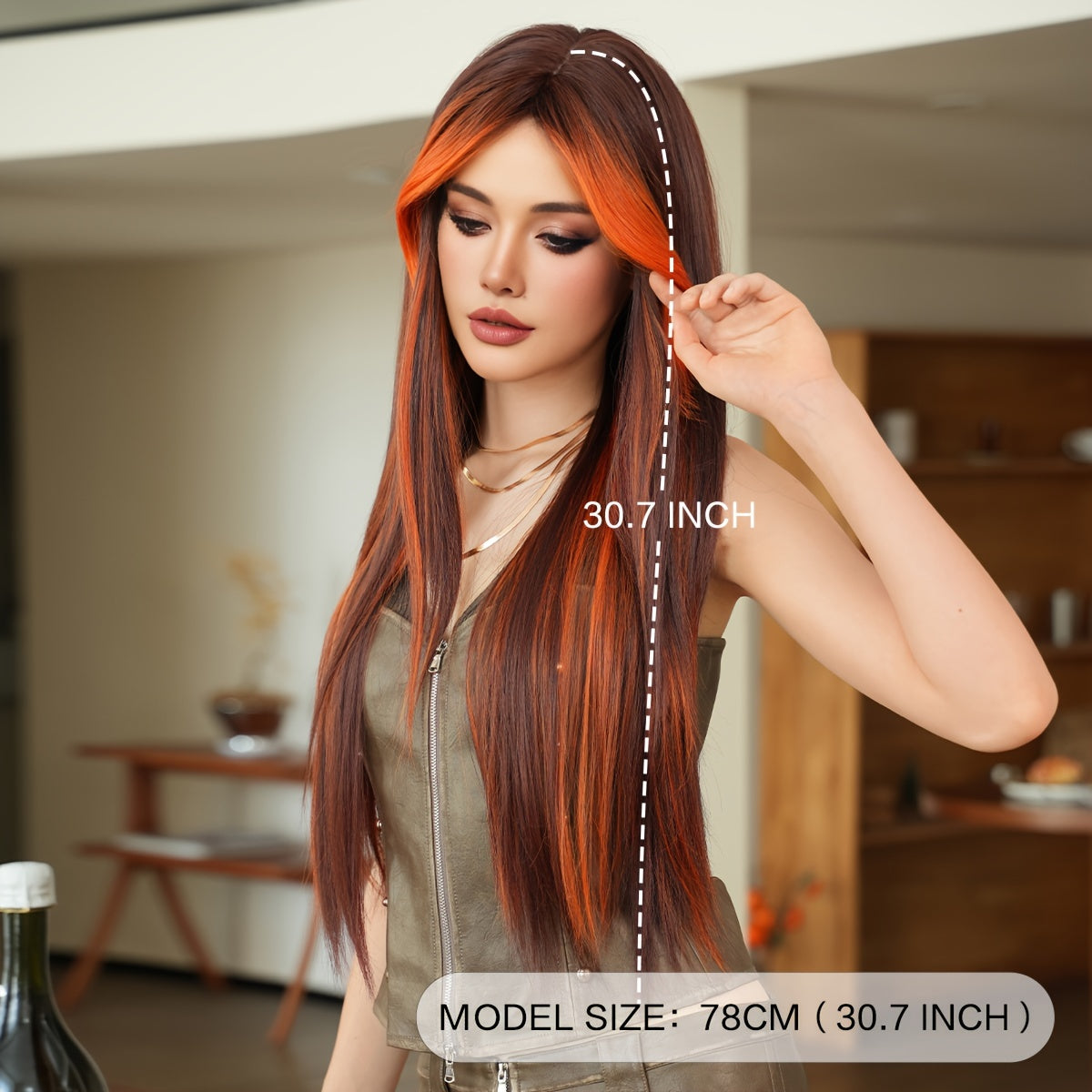 High-Density Synthetic Wig for Women - Long Straight with Golden Highlights & Orange Accents, Heat Resistant, Perfect for Halloween Cosplay & Daily Wear