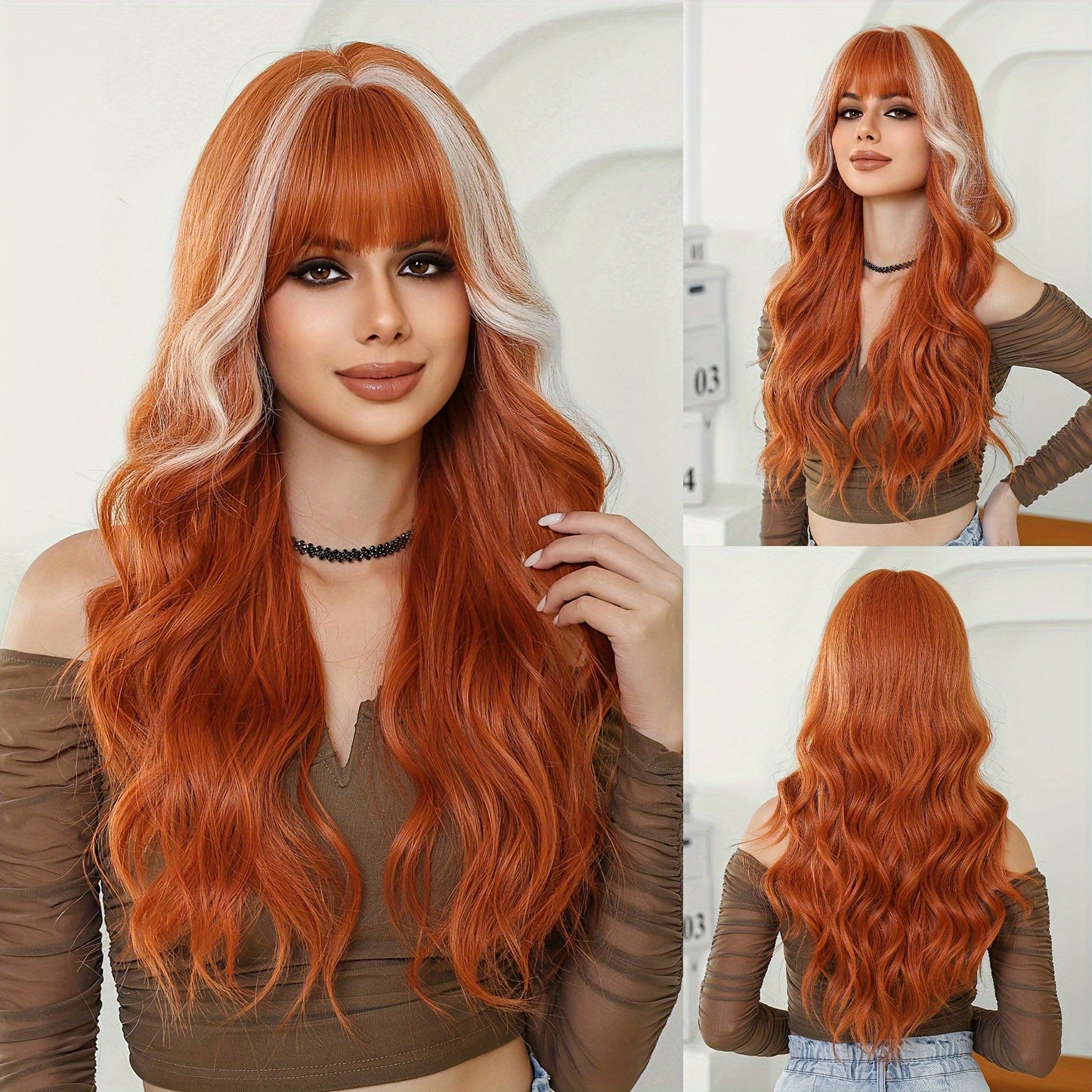 24 Inch Long Curly Wave Wig with Bangs for Women, Fashionable Soft Synthetic Hair, High Temp Fiber, Rose Net Cap, 150% Density, Ideal for Daily Wear, Halloween, Cosplay, and Music Festivals