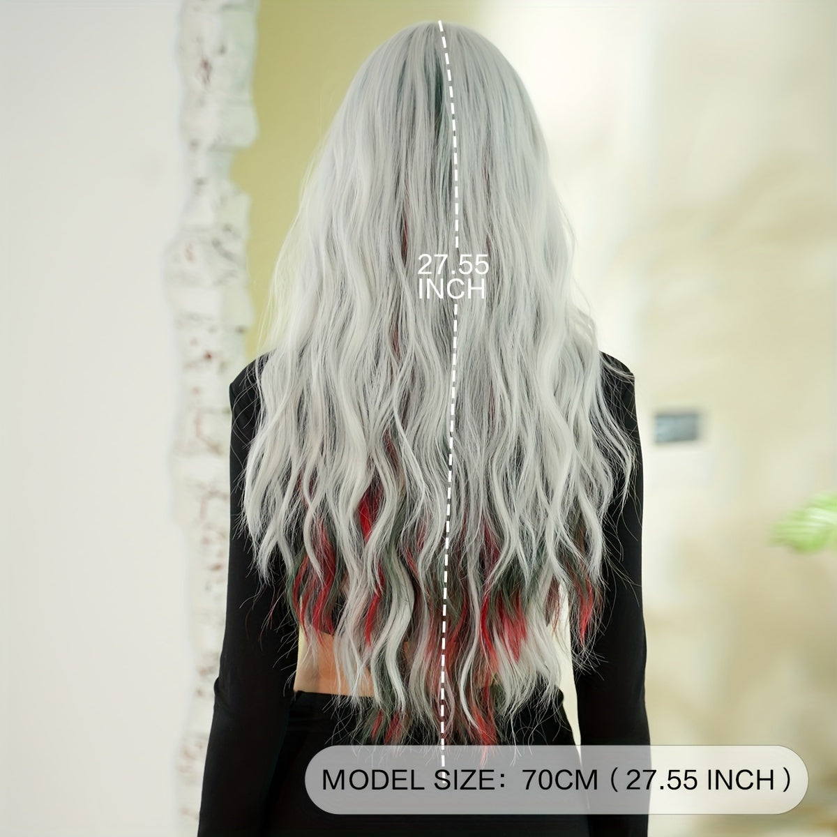 High-Density Synthetic Wig - Silvery White with Red & Green Waves, Heat Resistant for Halloween & Christmas Parties, 27.56 Inches